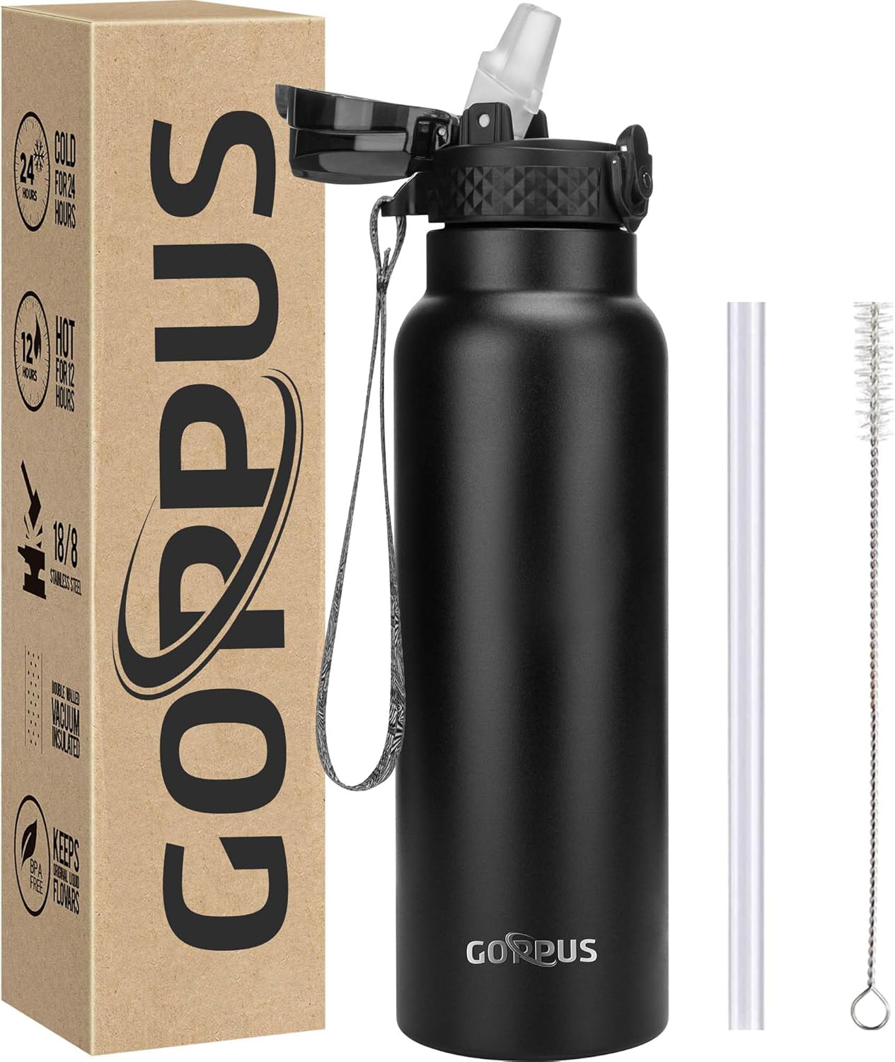 GOPPUS 750ml/26oz Stainless Water Bottle with Straw Double Wall Insulated Bottles with Strap Reusable Vacuum Thermal Flask Leakproof Keep Cold Drinks Bottles with Flip Top Lid for Men Women BPA Free