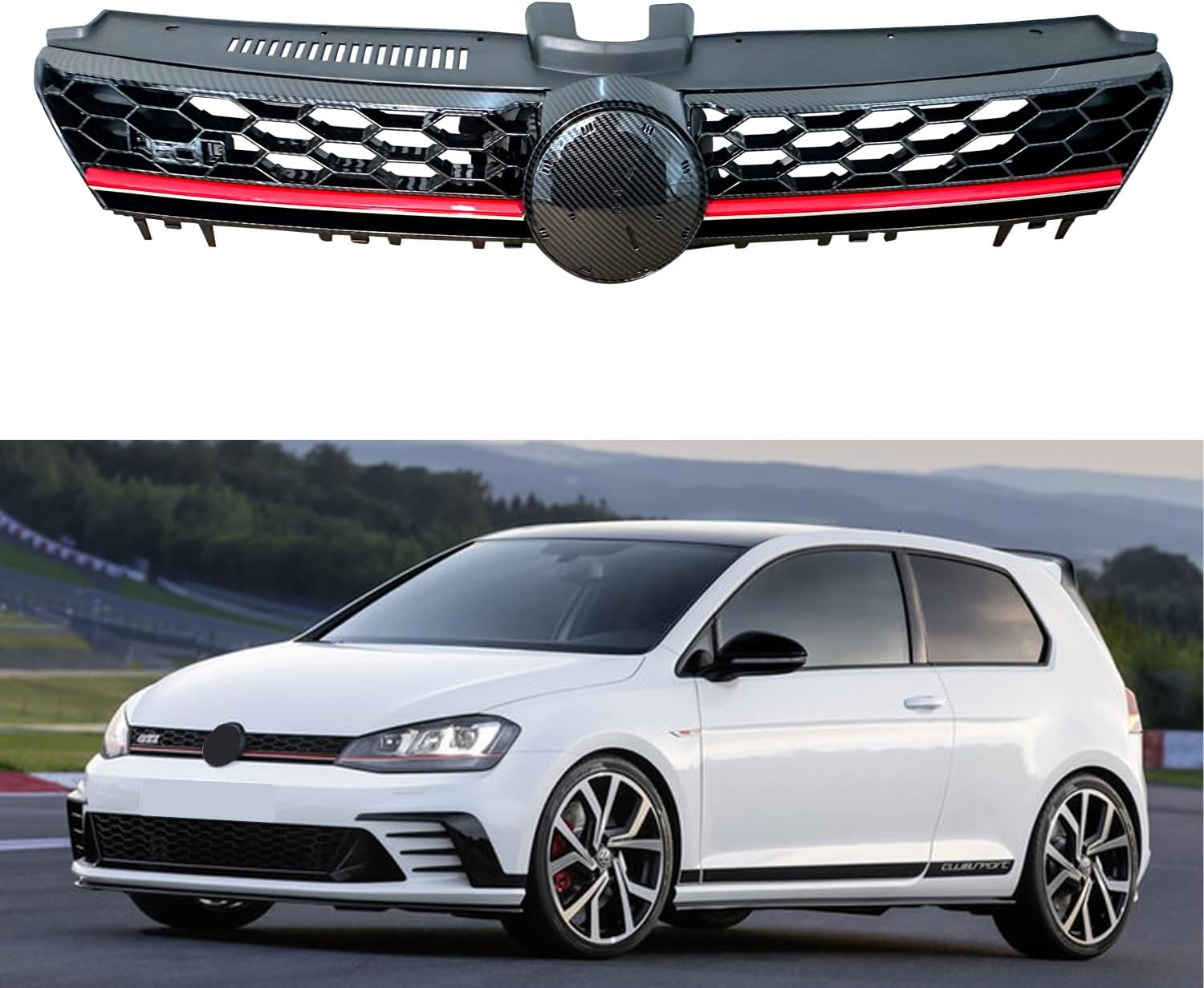 Black Front Grille Grill with Red Trim Honeycomb Hex Mesh Carbon Fiber Print Compatible with 2015 2016 VW Volkswagen MK7 GTI Golf