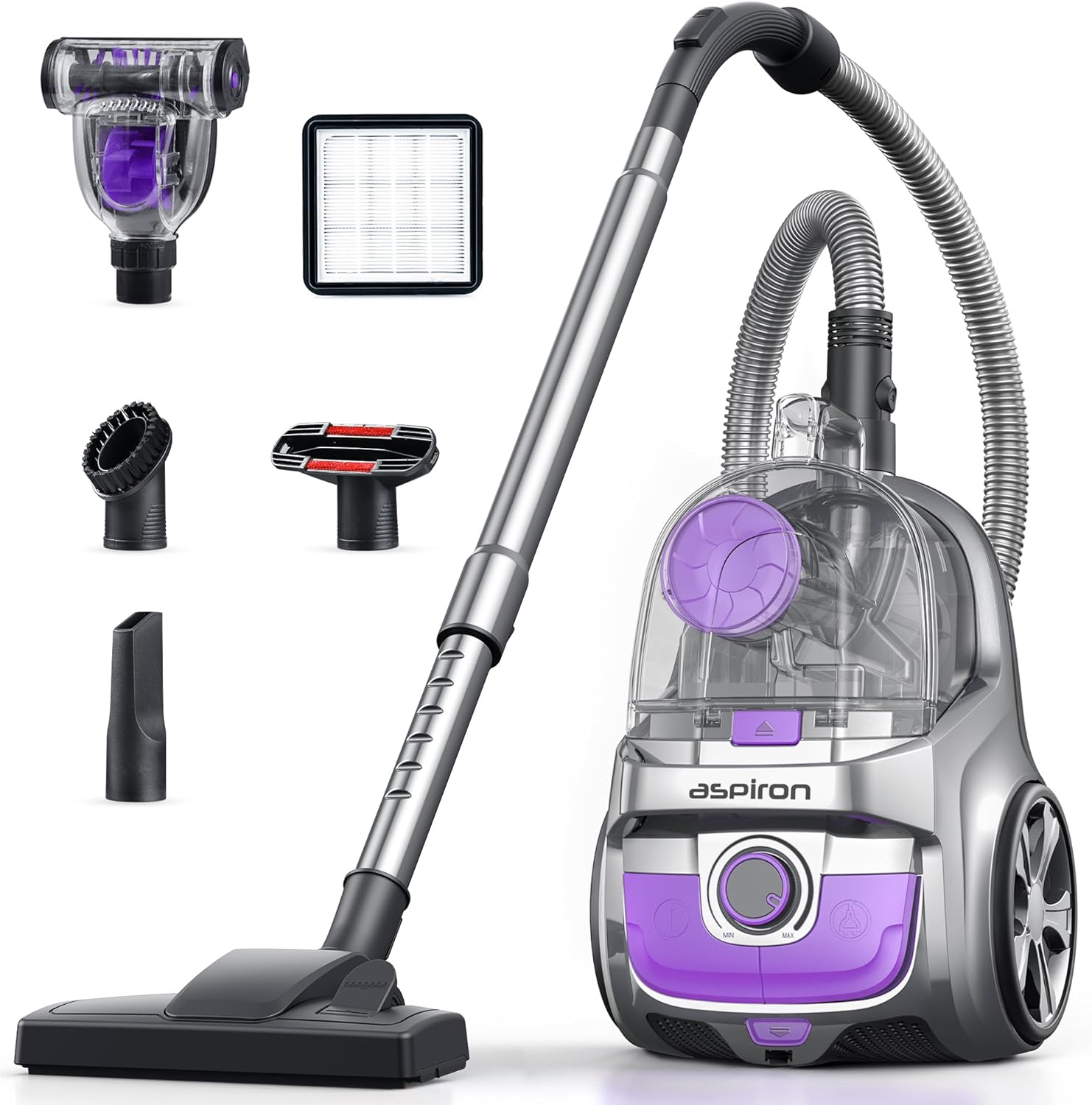 Aspiron Canister Vacuum Cleaner, 30Kpa Bagless Vacuum Cleaners, 3.7QT Large Dust Cup, Double HEPA Filter, Retractable Cord, 1600W Lightweight Vacuum Cleaner with 5 Tools for Hard Floors, Lavender