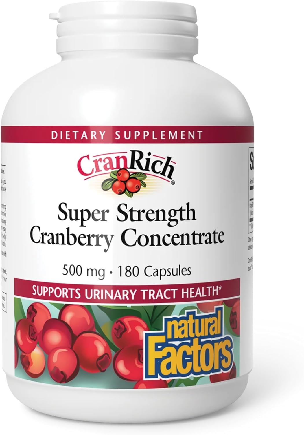 Natural Factors CranRich, Super Strength 36:1 Cranberry Concentrate, 500 mg, Sugar-Free Whole Fruit Cranberry Pills for Urinary Tract Health, 180 Capsules