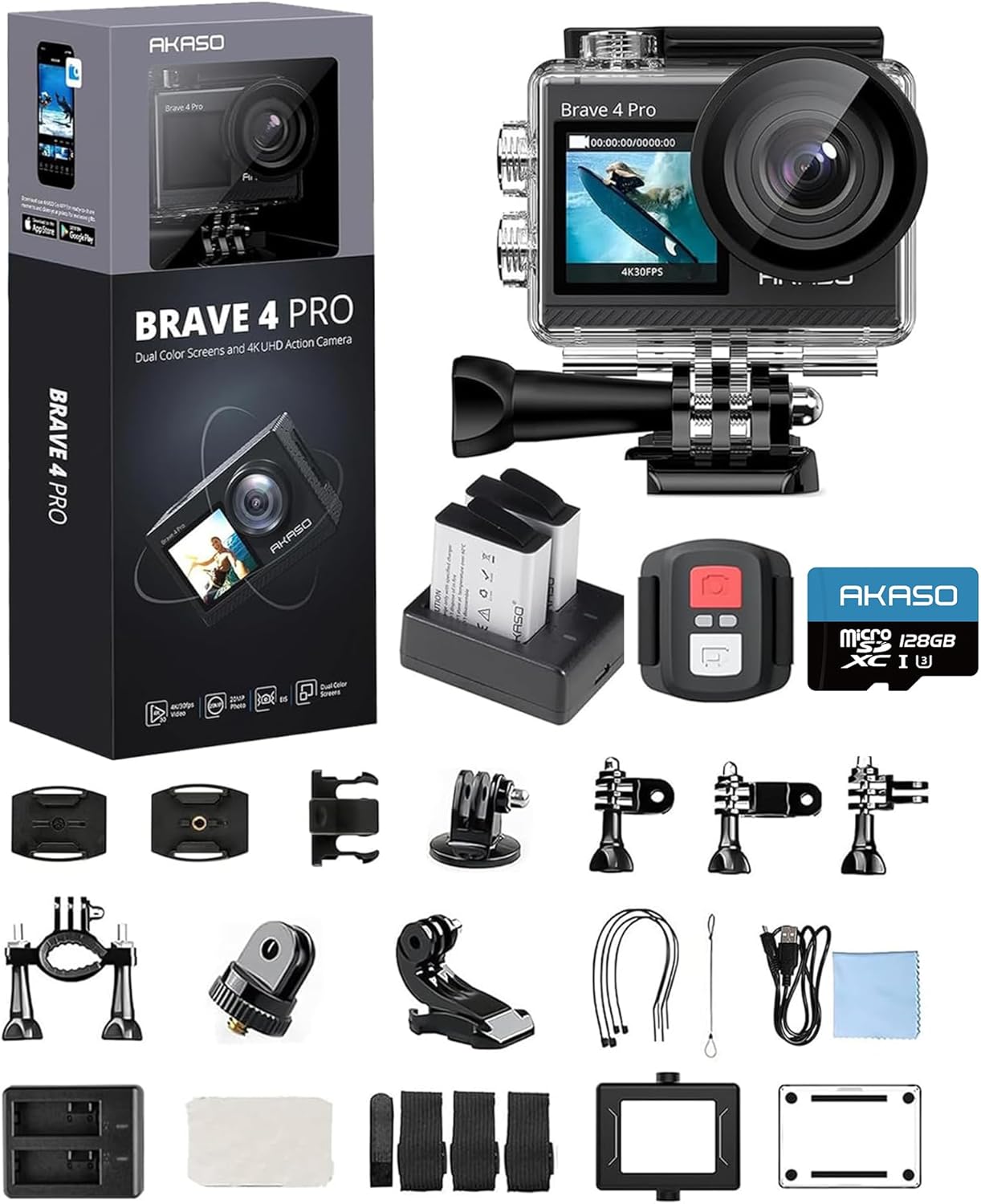 AKASO Brave 4 Pro 4K30 Action Camera with 128GB MicroSD U3 Card, 131FT Underwater Waterproof Camera EIS Touch Screen Remote Control with 2x1350mAh Batteries and Helmet Accessories Kit Bundle