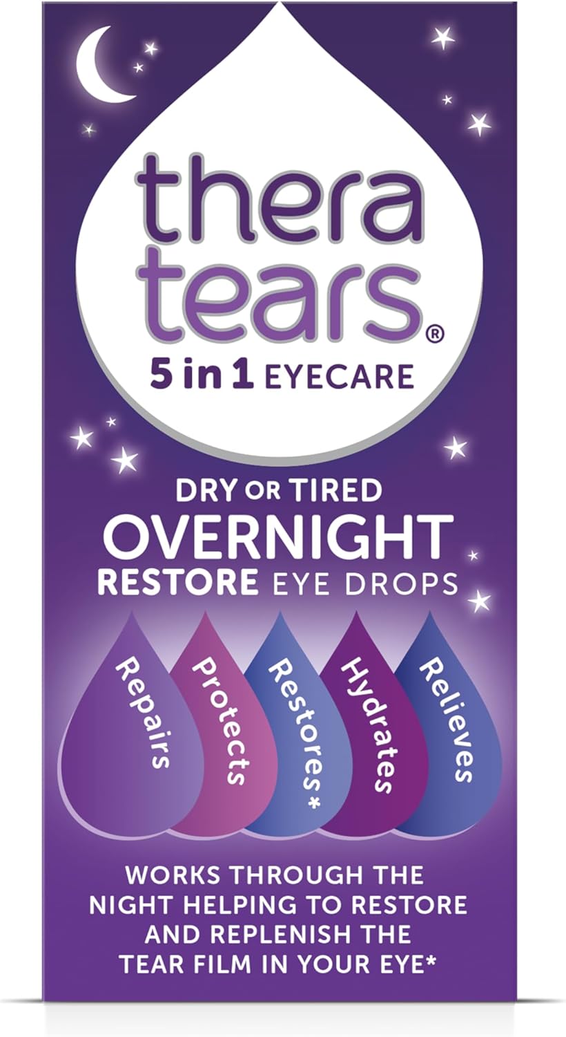 TheraTears Overnight Restore Dry or Tired Eye Drops | Repairs and Hydrates Eyes’ Through the Night | Contact Lens Friendly and Long-Lasting Relief | Preservative Free 5 in 1 Eye Care Drops | 10ml