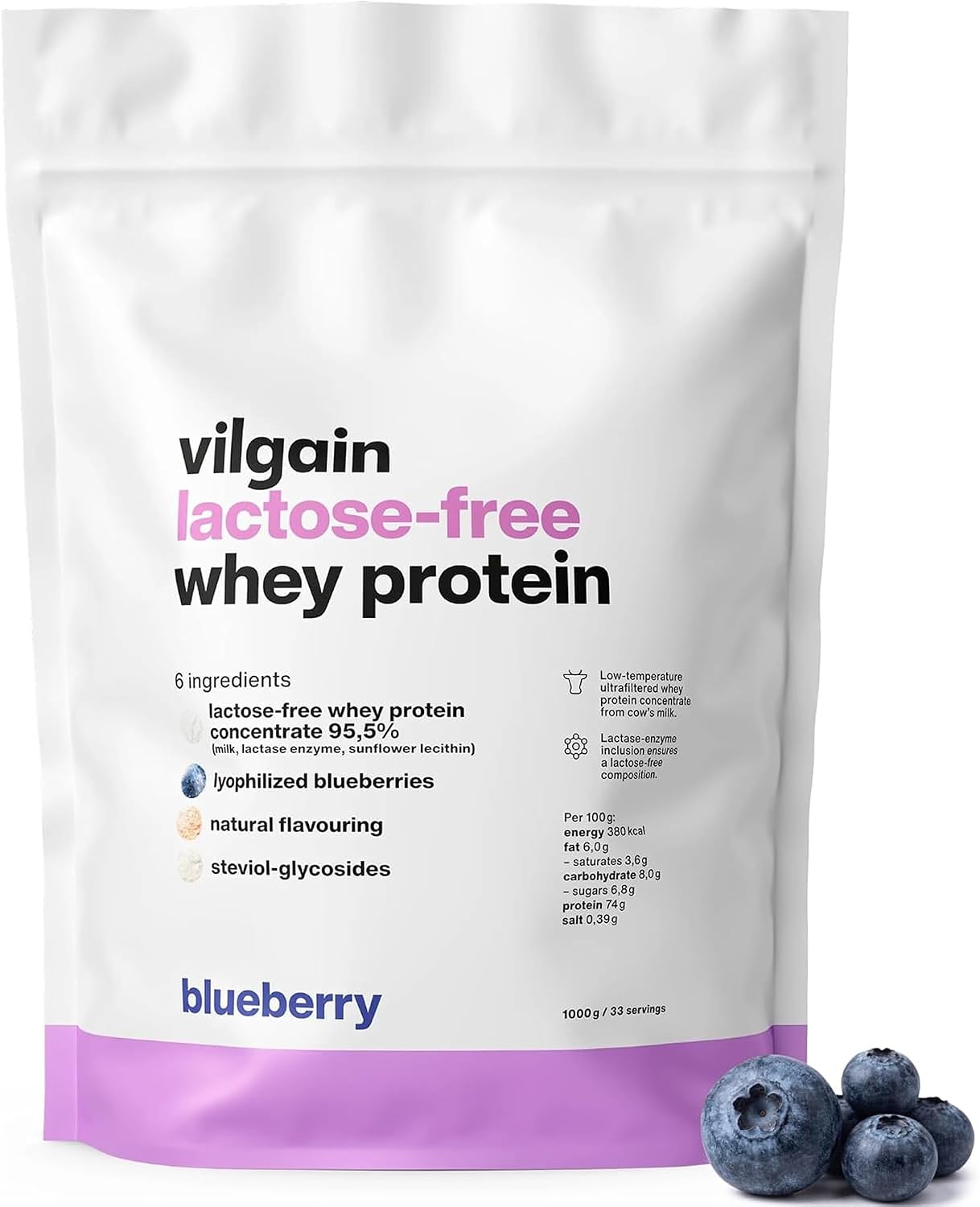 Vilgain Lactose Free Whey Protein Powder Blueberry 1000g | 75% Protein | Low Temp Ultrafiltered Whey Concentrate | Stevia Sweetened | 22g Protein Per Serving | High BCAA Content