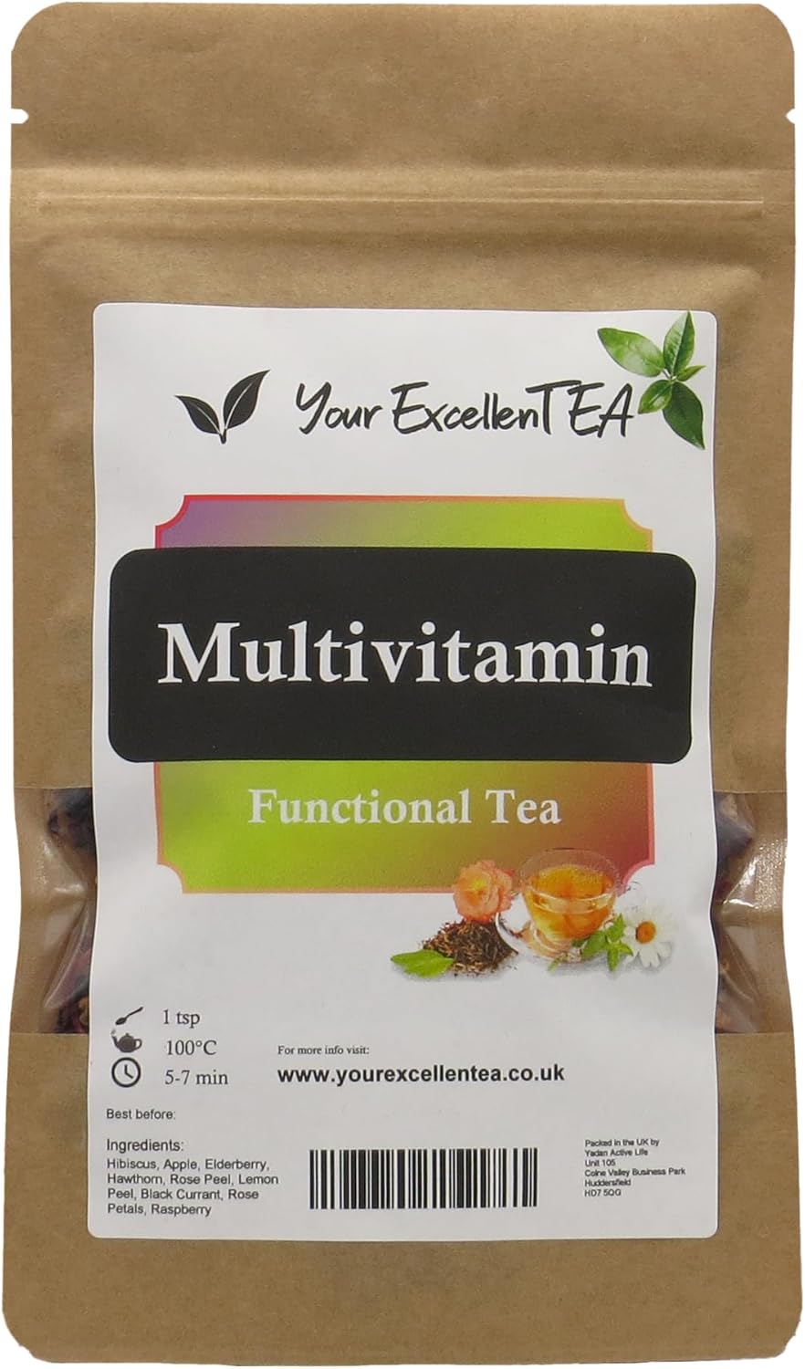 Multivitamin Loose Tea - 100g - Fruit Herbal Functional Brew Loose Leaf - Mix of Hibiscus, Apple, Elderberry, Hawthorn, Rose Peel, Lemon Peel, Black Currant, Rose Petals, and Raspberry