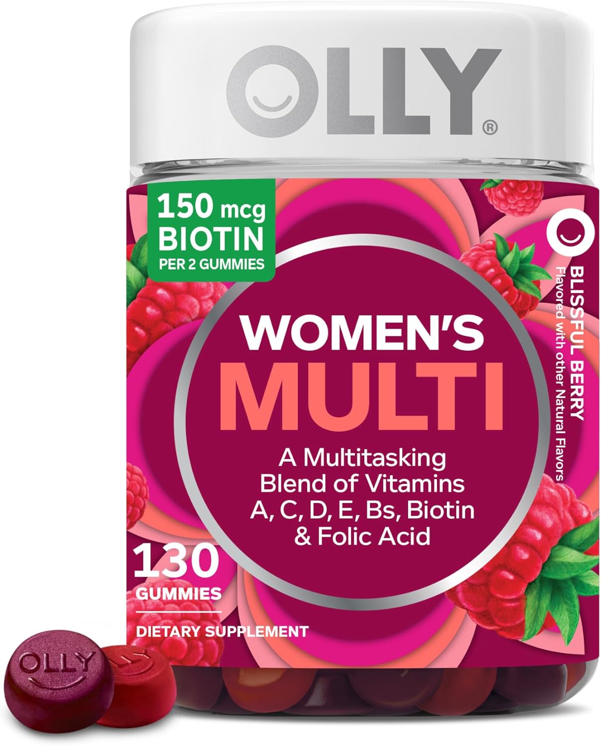 OLLY Women's Daily Multivitamin Gummy, Vitamins A, D, C, E, Biotin, Folic Acid, Adult Chewable Vitamin, Berry Flavor, 65 Day Supply - 130 Count