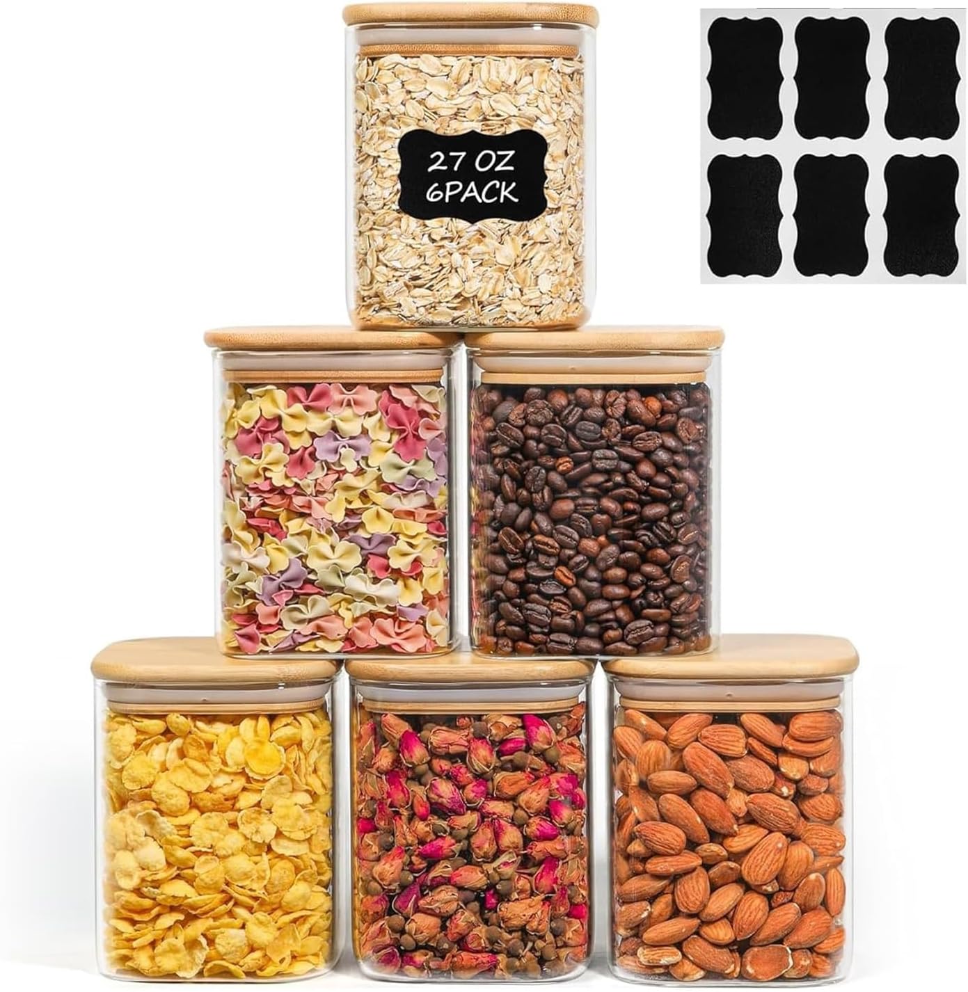 ComSaf 800ml Glass Food Storage Jars Set of 6, Clear Storage Containers with Airtight Bamboo Lid, Pantry Organization Jar, Spice, Tea, Coffee and Sugar Container, Canister Set for Kitchen