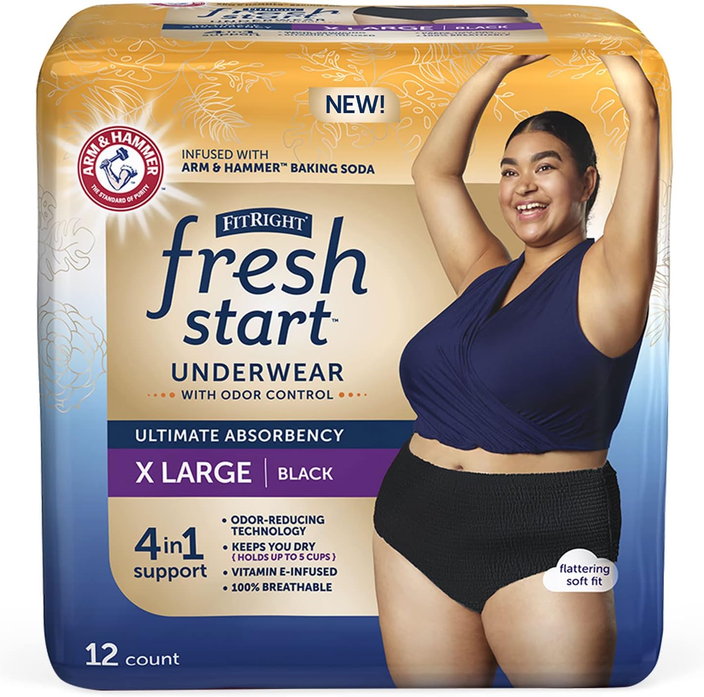 FitRight Fresh Start Incontinence and Postpartum Underwear for Women, XL, Black (12 Count) Ultimate Absorbency, Disposable Underwear with The Odor-Control Power of ARM & Hammer