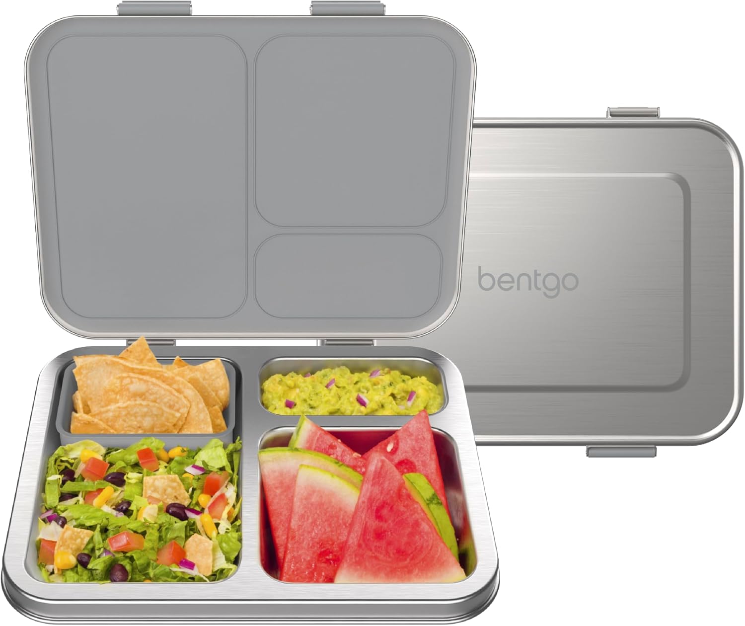 Bentgo® Kids Stainless Steel Leak-Resistant Lunch Box - Bento-Style Redesigned in 2022 w/Upgraded Latches, 3 Compartments, & Extra Container - Eco-Friendly, Dishwasher Safe, Patented Design (Silver)