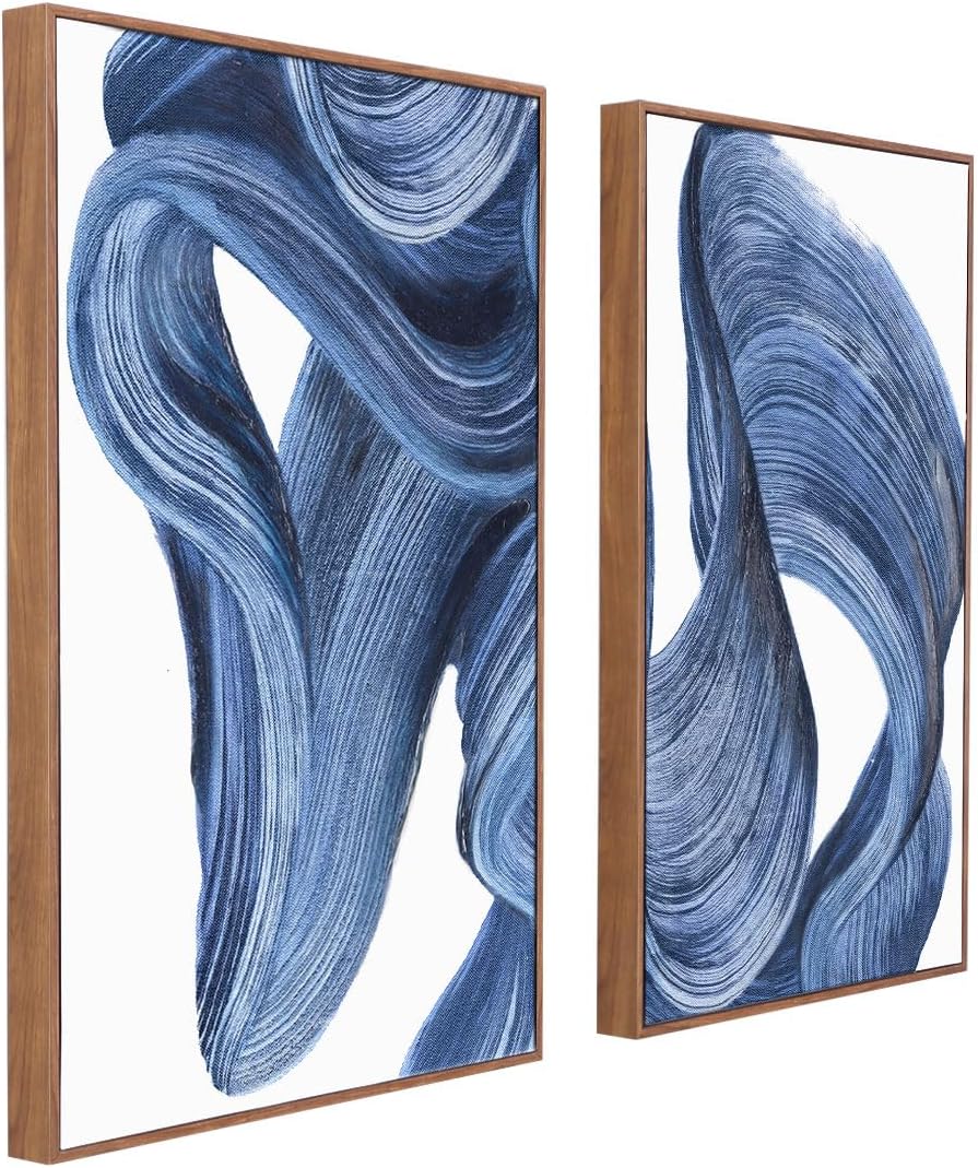 Zessonic Blue Abstract Wall Art Set of 2- Framed Twist Stroke Minimalist Graffiti on White Background Modern Canvas Artwork for Living Room, Bedroom, Office Decor, 16 x 24 Inches x 2