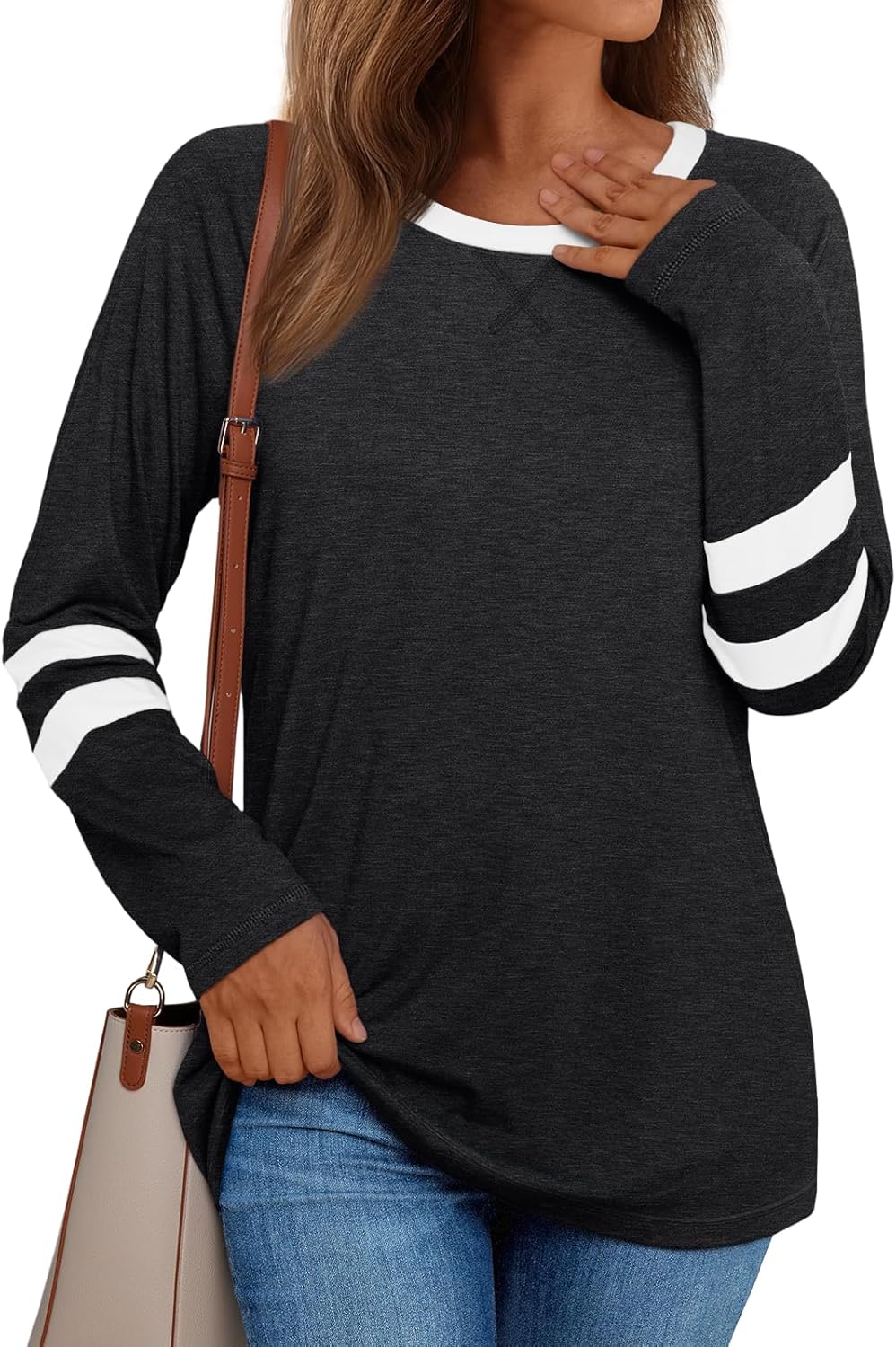 AUTOMET Womens Long Sleeve Shirts Color Block Casual Crewneck Tops Tshirt Basic Tee Fall Fashion Clothes Trendy Outfits