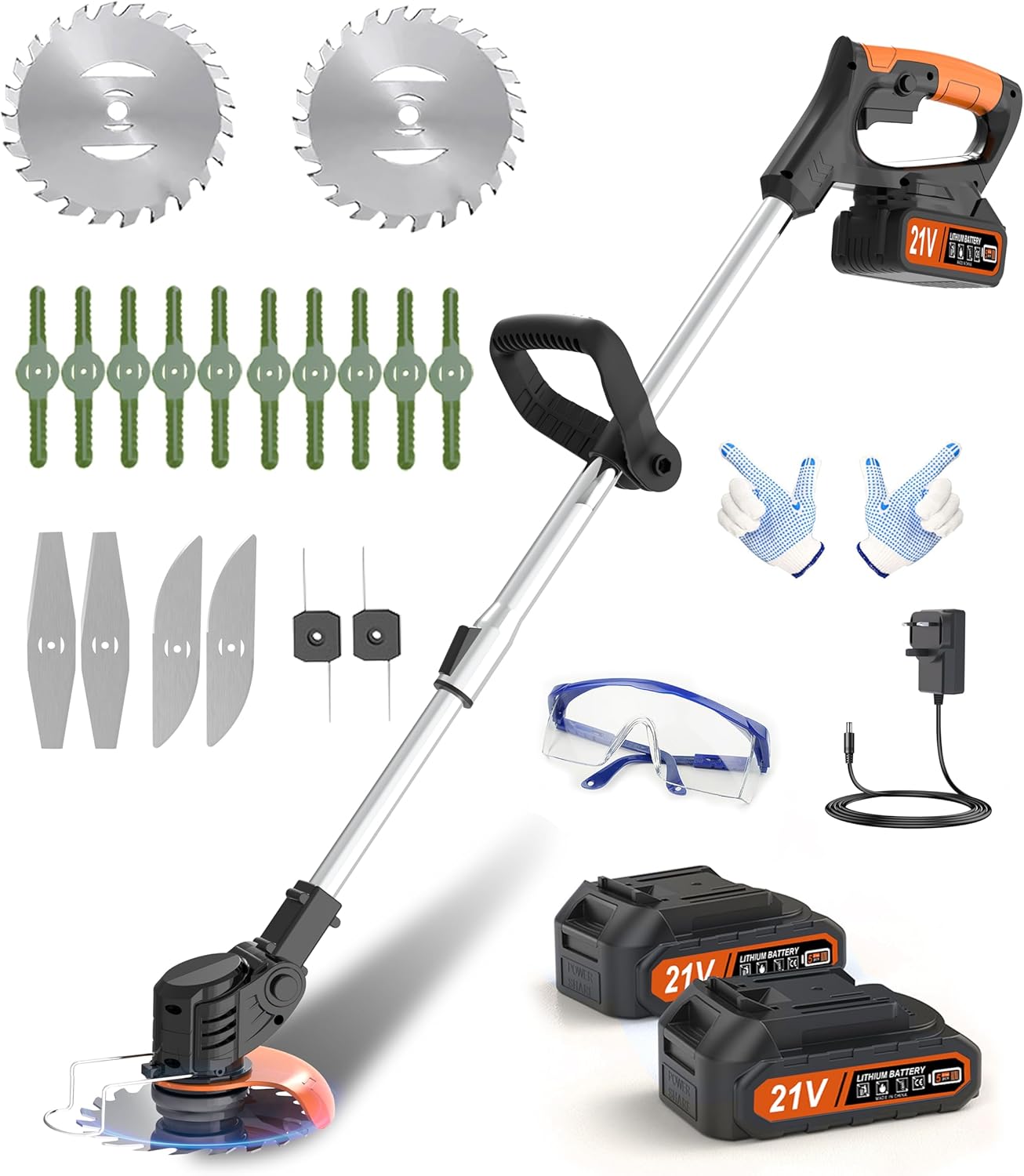 Jwdj Strimmer 21V Cordless Grass Trimmer, Cordless Strimmer with 2 Pieces of Li-Ion Batteries for all your Garden Clearing, Weed and Tree Cutting Needs