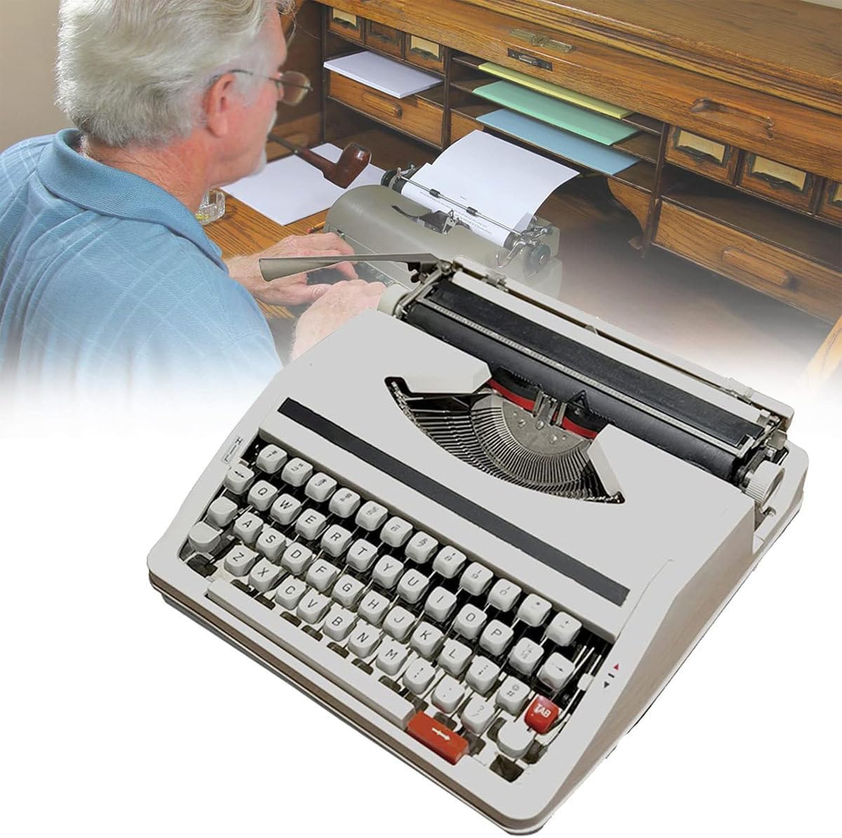 Retro Typewriter, Mechanical English Typewriter, Old-Fashioned Traditional Portable Manual Typewriter, Vintage Finish Antique Typewriters for Notes or Letters or Creative Writing,White