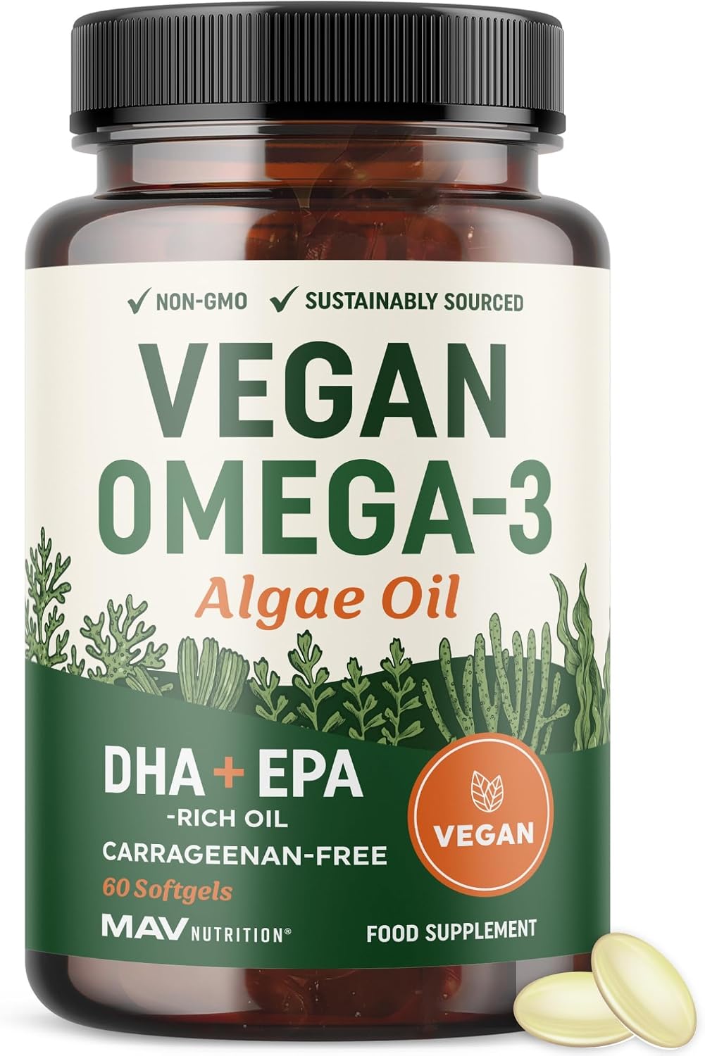 Vegan Omega 3 Algae Oil, Plant Based DHA EPA, Sustainably Sourced, Non GMO