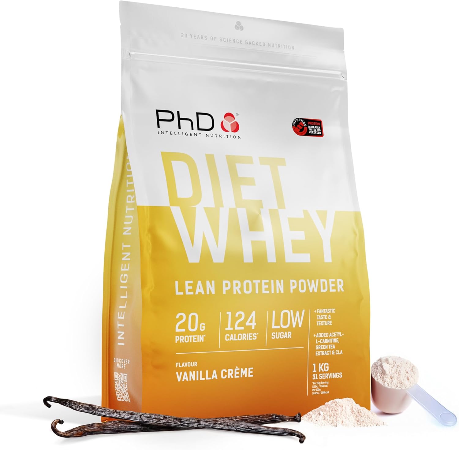 PhD Nutrition Diet Whey Lean Protein Powder | Vanilla Crème Whey Protein Powder 1 kg Bag [ Packaging May Vary ]