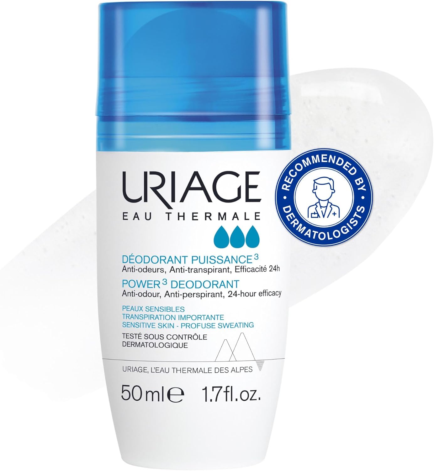 Uriage Power3 Antiperspirant Deodorant Roll-on - 24H Sweat & Odor Efficacy - Dry Touch - No White Marks, No Yellow Stains - Fresh Unisexe Scent - Long-lasting Formula - Alcohol-free - Hypoallergenic