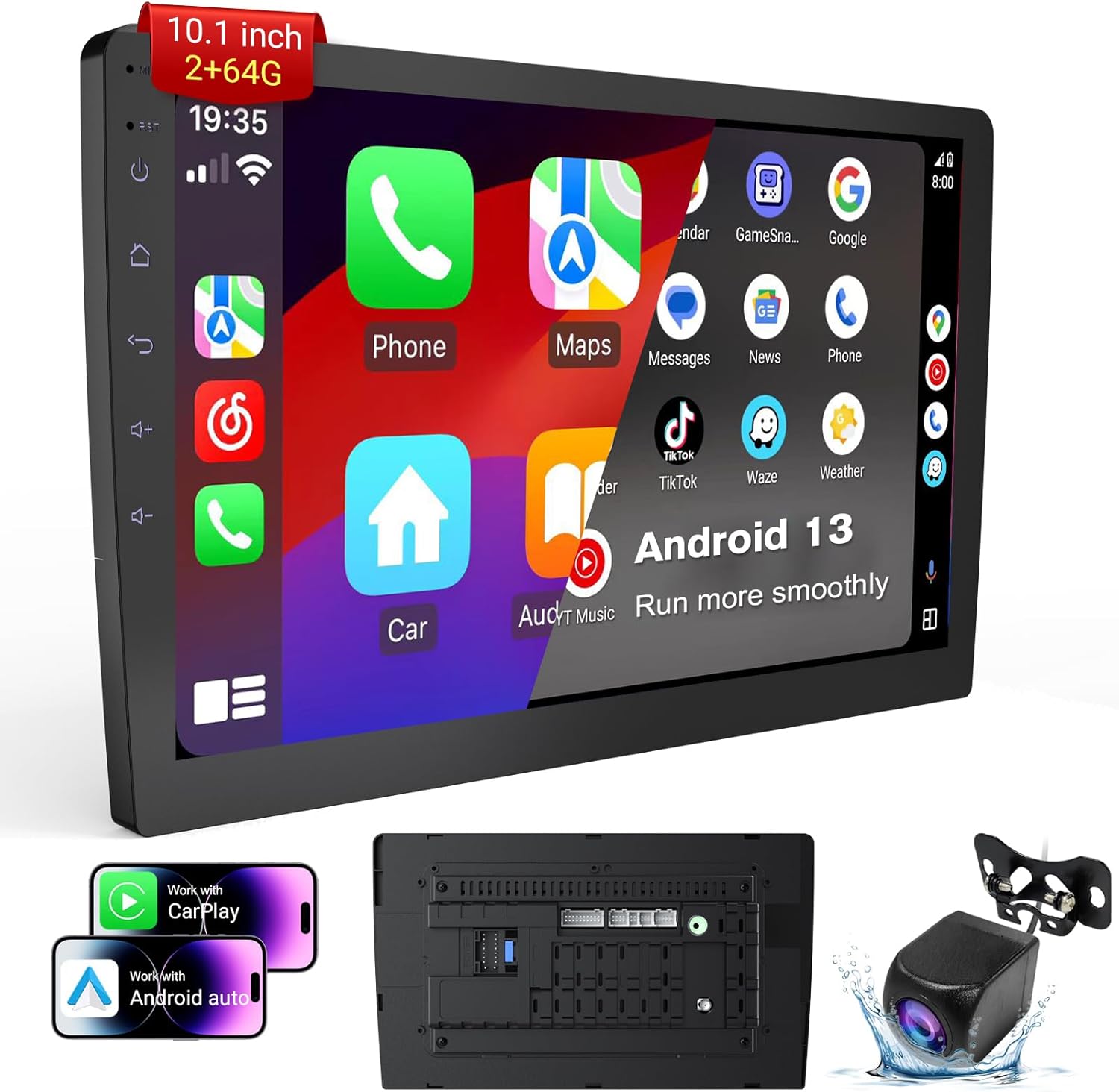 Double Din Android 13 Car Stereo Receiver - 10.1" Universal HD Touchscreen w/64GB, Built-in GPS & Backup Camera, Bluetooth 4.1, Supports CarPlay/MirrorLink (1990-2023 Vehicles)