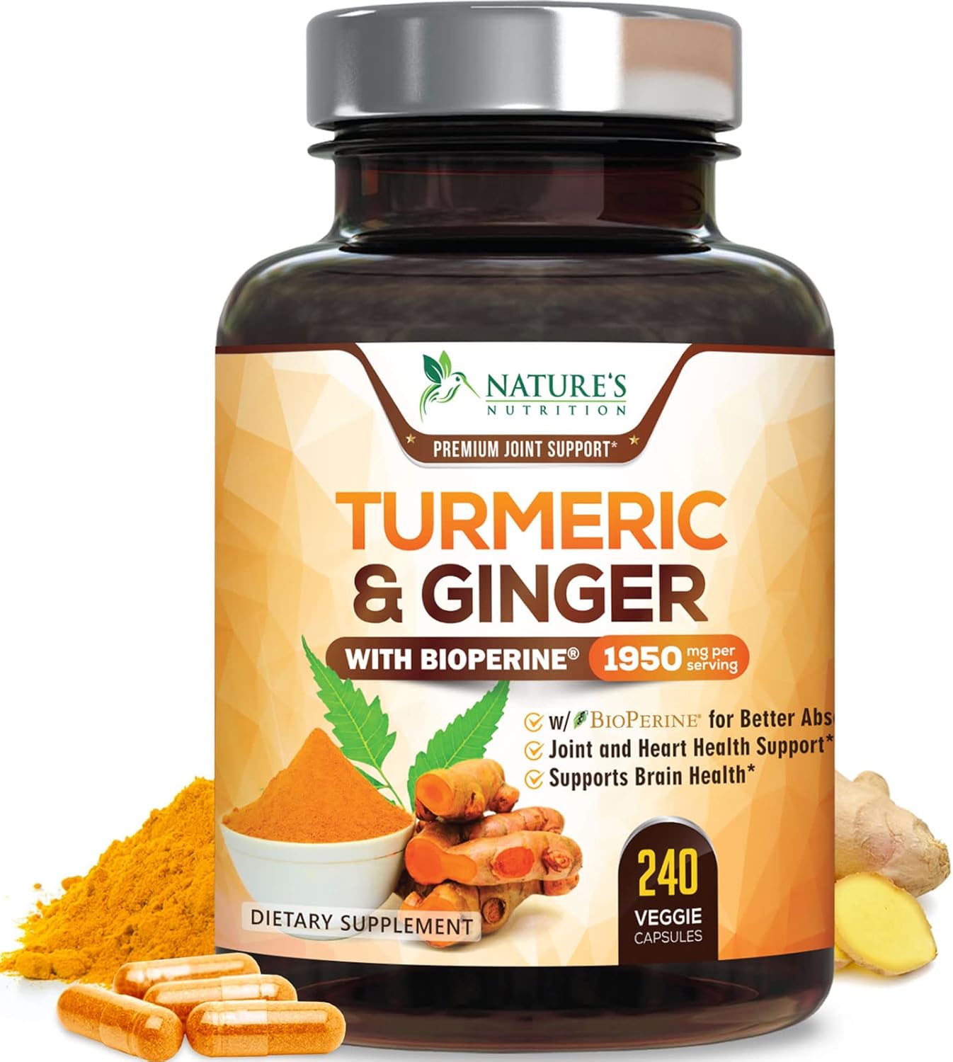 Turmeric Curcumin Supplement 1950mg with Organic Turmeric & Ginger, 95% Curcuminoids, BioPerine Black Pepper for Best Absorption, Nature's Vegan Joint Support, Non-GMO, Bottled in USA - 240 Capsules