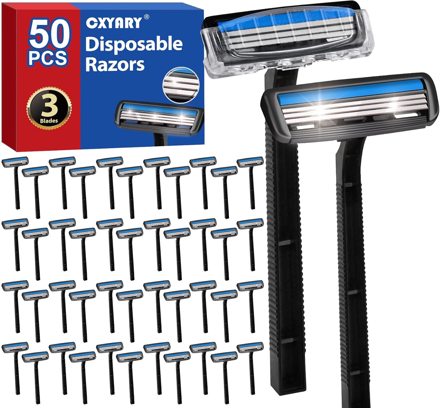 CXYARY 50 Pcs 3 Blade Disposable Razors With Clear Safety Cap, Shaving Razors Bulk for Men &Women, Stainless Steel Blade, Multipurpose Shave Razor for Bathing Hotel Travel, Black