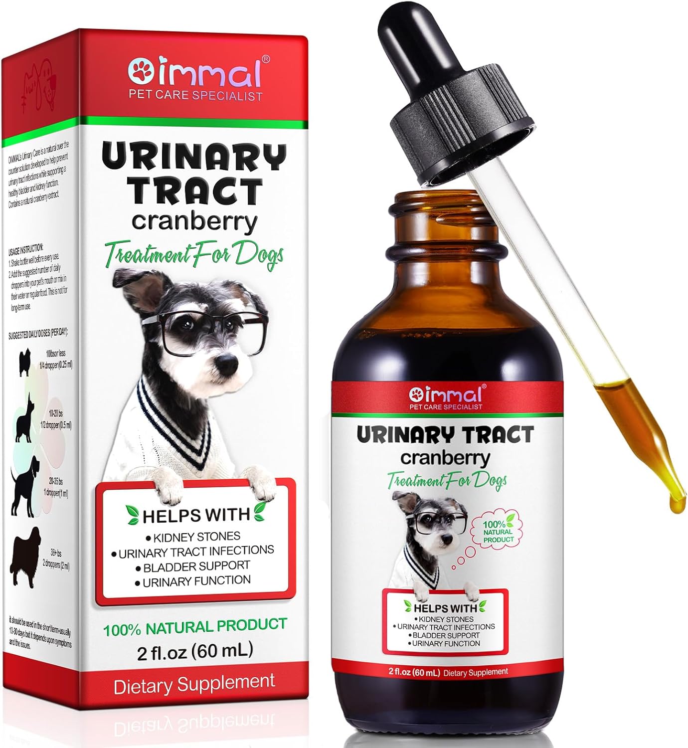 Urinary Tract Infection Treatment for Dogs, Natural Herb Supplement UTI Care Drops, Cranberry Kidney Stones Bladder Support, Keep Pet Dogs Renal Healthier, Bacon Flavor, 60ml
