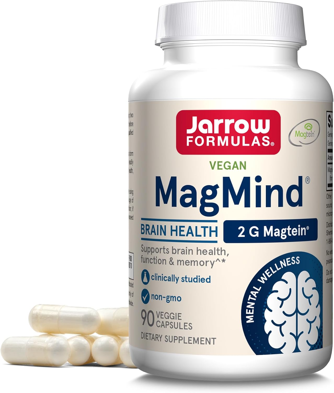 Jarrow Formulas MagMind Brain Health with Magtein (Magnesium L-Threonate), Dietary Supplement for Brain Health, Brain Supplements for Memory Support, 90 Capsules, 30 Day Supply
