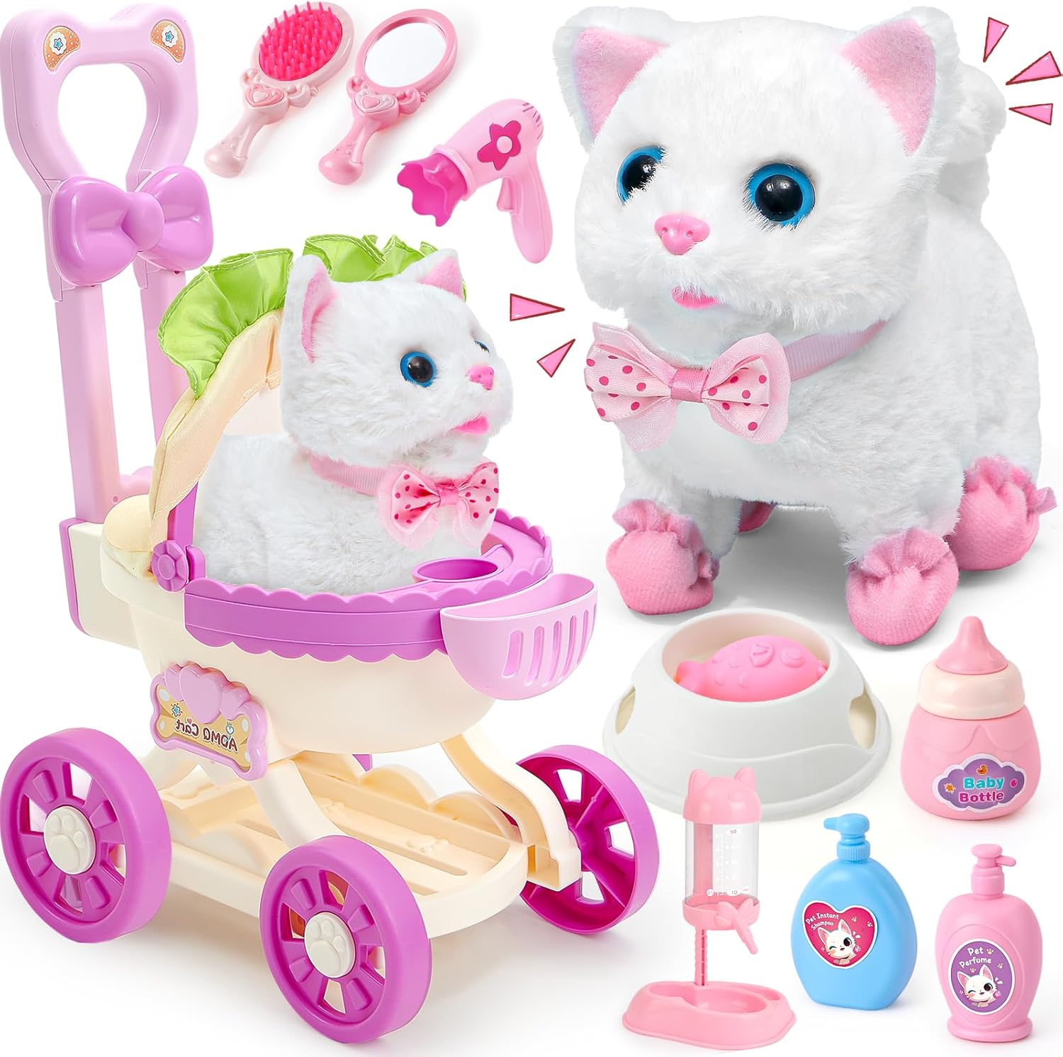 Cat Toys for Kids Electronic Plush Toys Interactive Robot Cat & Doll Stroller & Grooming Feeding Playset, Walking Meow Wagging Tail Animated Toy Kitten Cats Pet Birthday Gifts for Girls 3 4 5 6 7 8