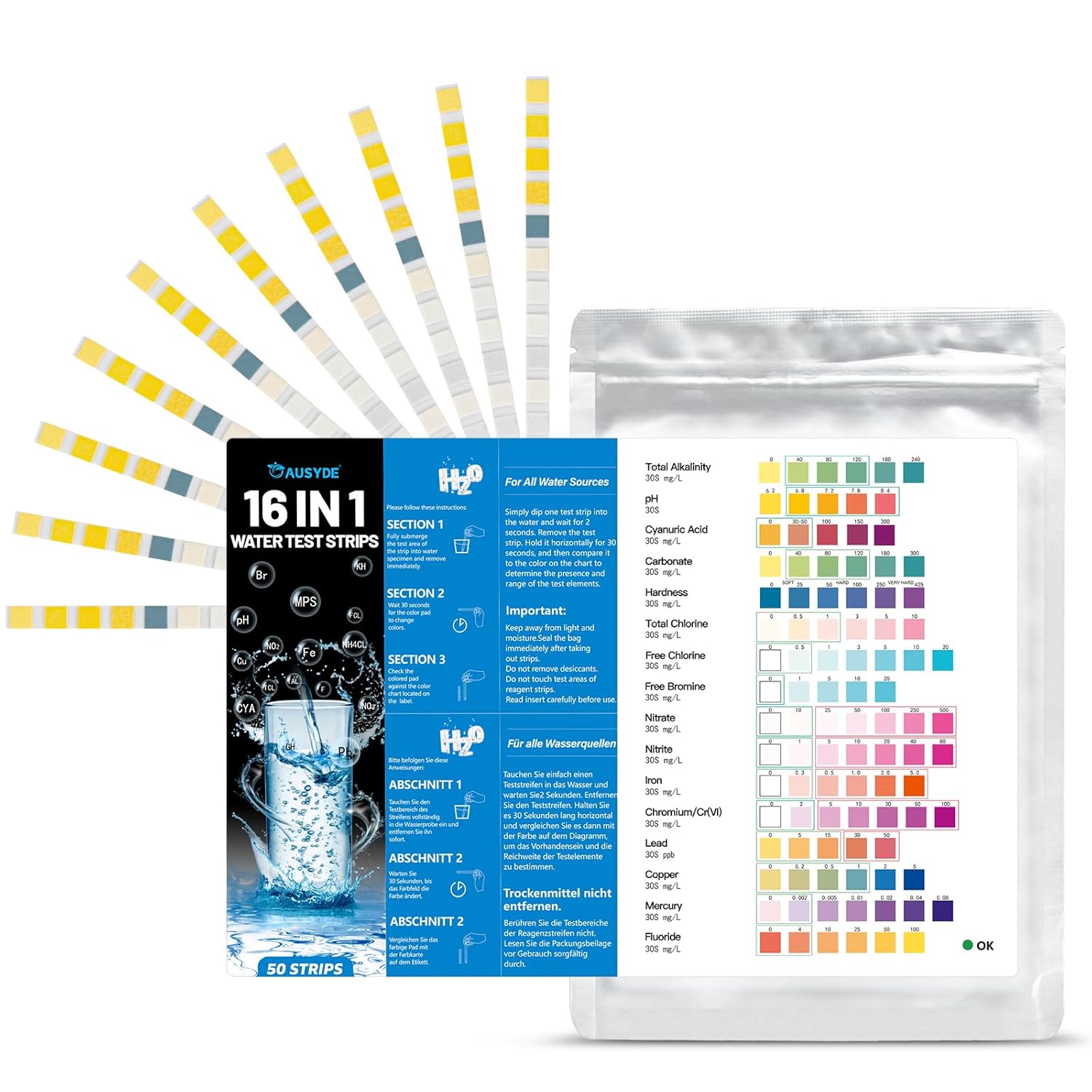 Drinking Water Test Kit, 50 PCS 16 IN 1 Water Testing Strips for Drinking Water, Home Water Quality Test Lead Test Kit for Hardness PH Manganese Nitrate Iron Nitrite Copper Chlorine Mercury & More