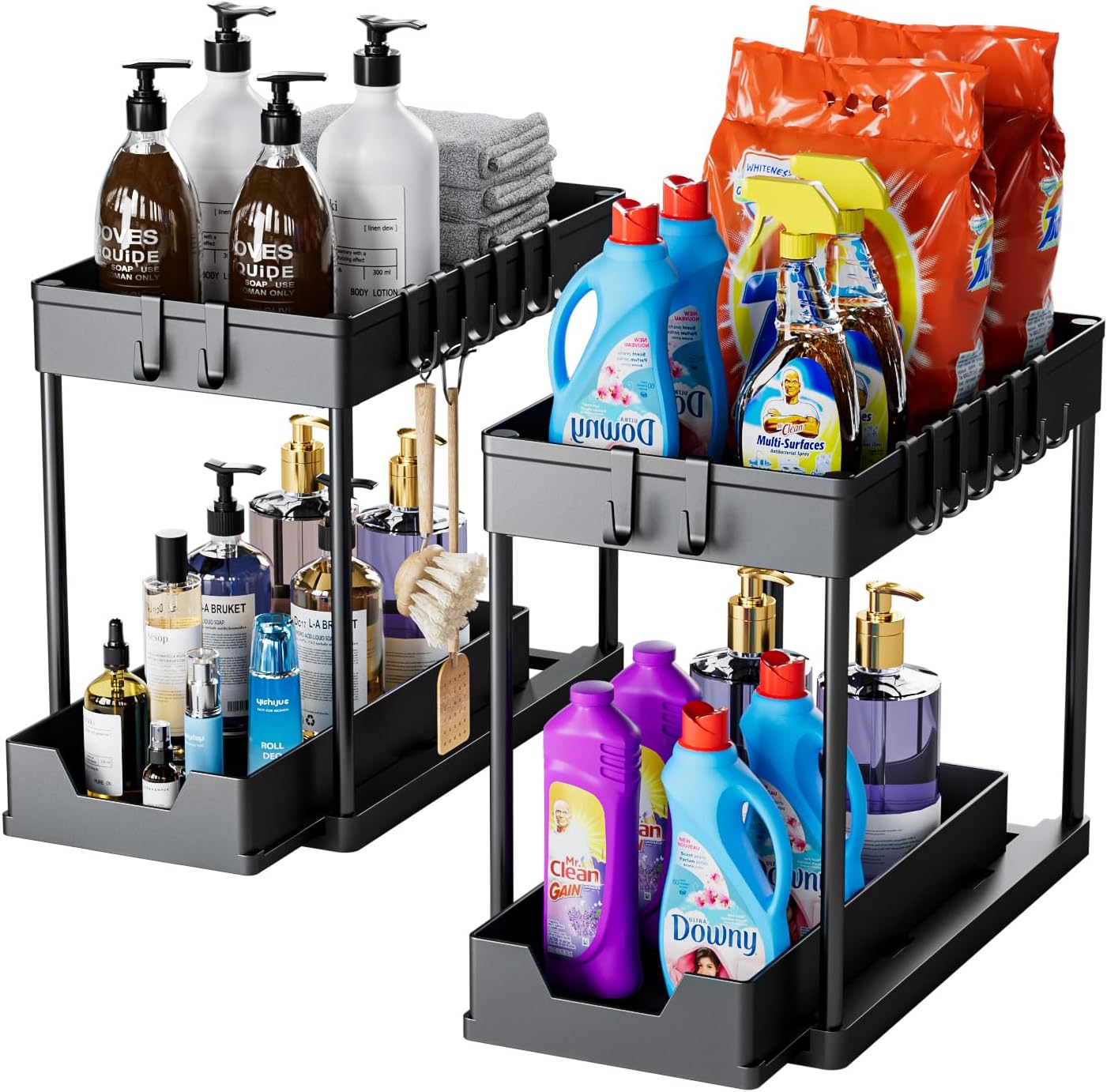mosala Under Sink Organizers and Storage 2 Pack - 2 Tier Sliding Bathroom Cabinet Organizer with Hooks - Multi-Purpose Under The Sink Organizer Kitchen - Black