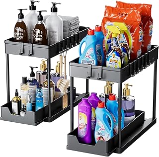 mosala Under Sink Organizers and Storage 2 Pack - 2 Tier Sliding Bathroom Cabinet Organizer with Hooks - Multi-Purpose Under The Sink Organizer Kitchen - Black