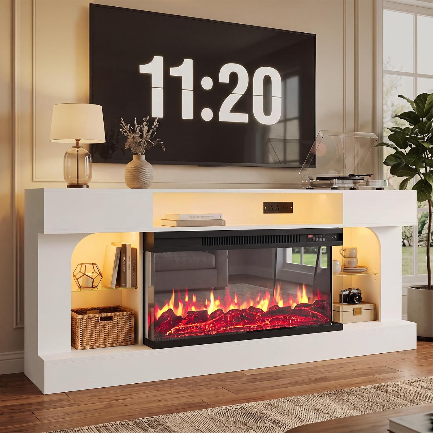 70" Modern Fireplace TV Stand,3-Sided Glass Electric Fireplace,White&Black