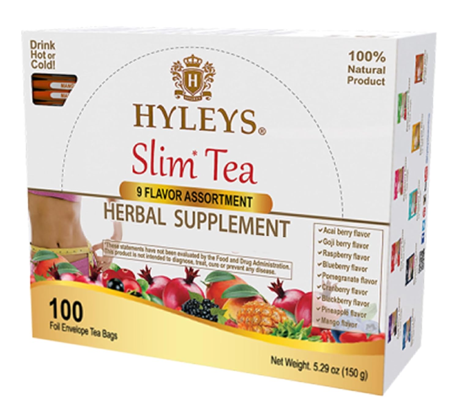 Hyleys Slim Tea 9 Flavor Assortment 100 Ct - Weight Loss Herbal Supplement Cleanse and Detox - 100 Tea Bags (1 Pack)