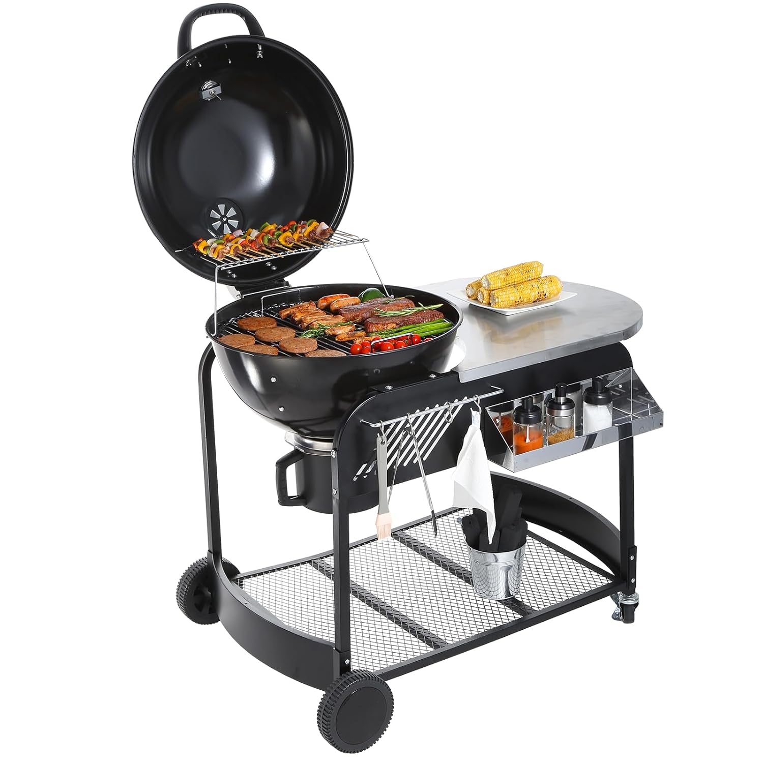 VEVOR 21 inch Portable Charcoal Grill, Propane Gas Kettle Grills with Cover and Cart, Heavy Duty Iron BBQ Grill, Freestanding Smoker for Outdoor Cooking, Barbecue Camping, Picnic, Backyard Black