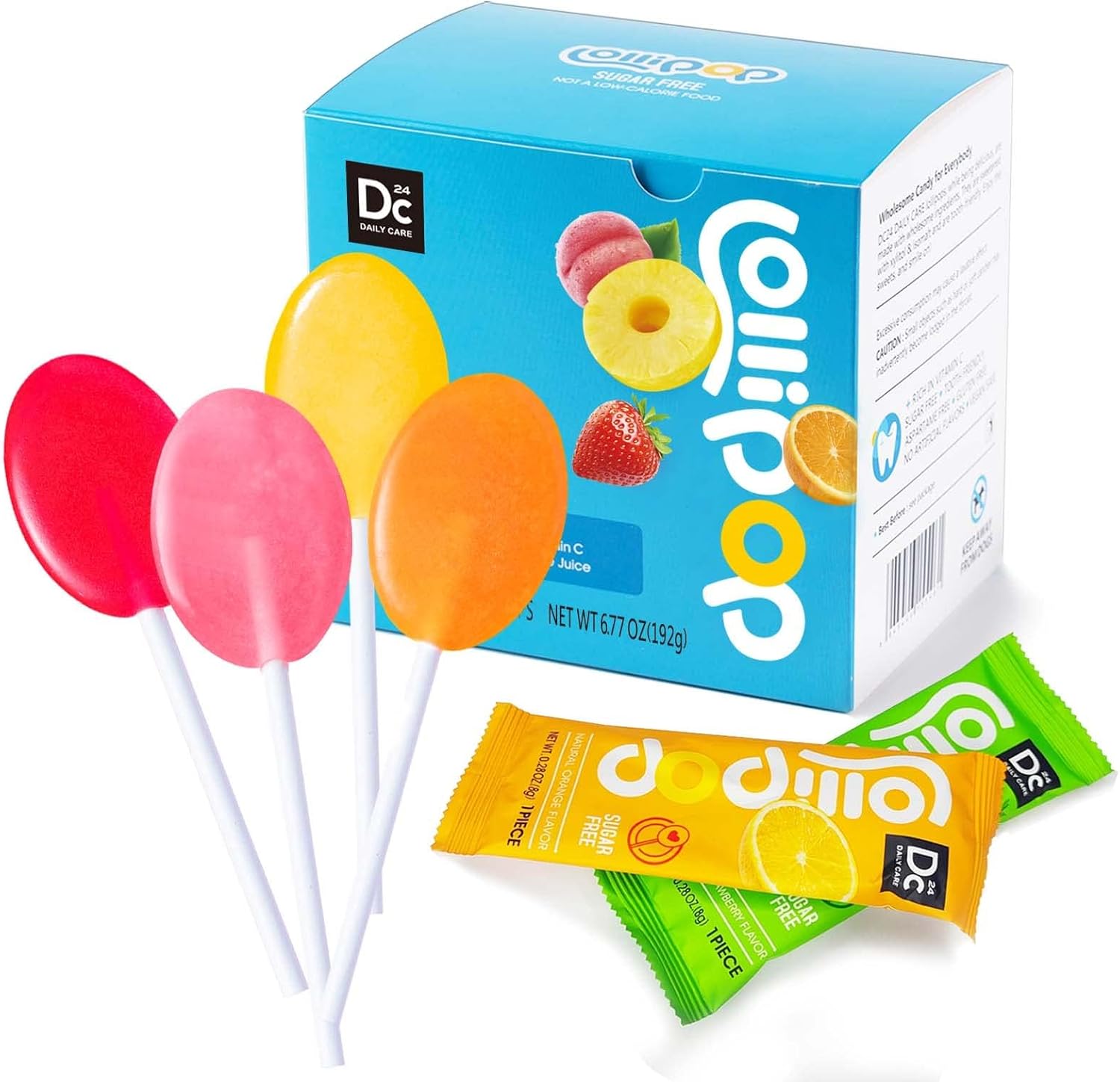 DC24 DAILY CARE Sugar Free Lollipops with Vitamin C, Healthy Suckers with Xylitol, Assorted Fruit Flavored Hard Candy for Kids, Non-GMO, Gluten Free, 24 Count