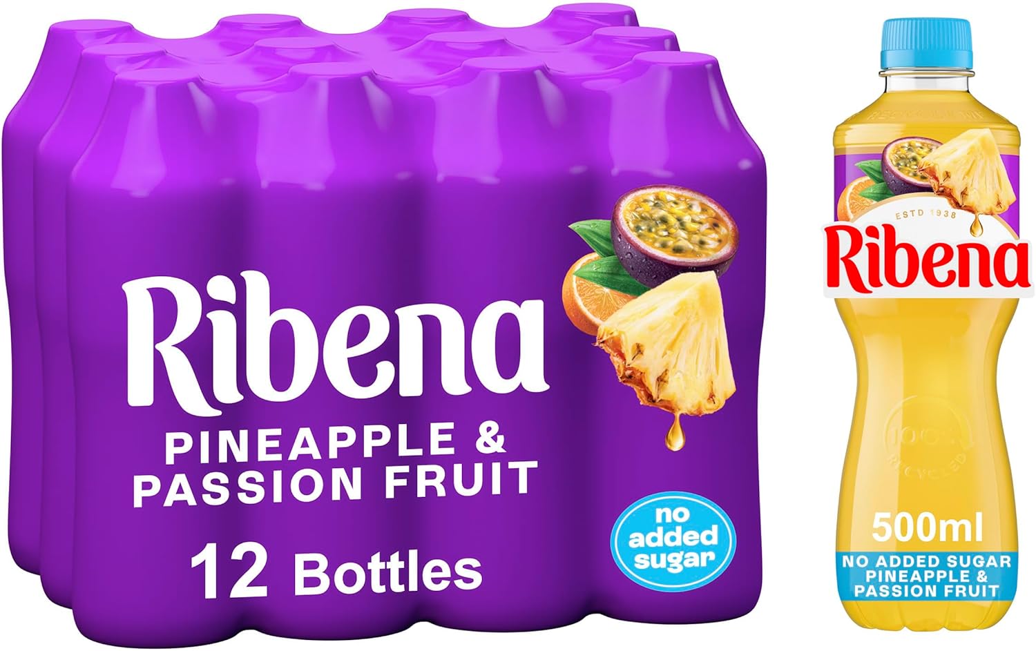 Ribena Pineapple and Passion Fruit Juice Drink No Added Sugar 500ml Multipack of 12 | Real Fruit | Rich in Vitamin C | No Artificial Colours or Flavours | Tropical Refreshment | Ready To Drink