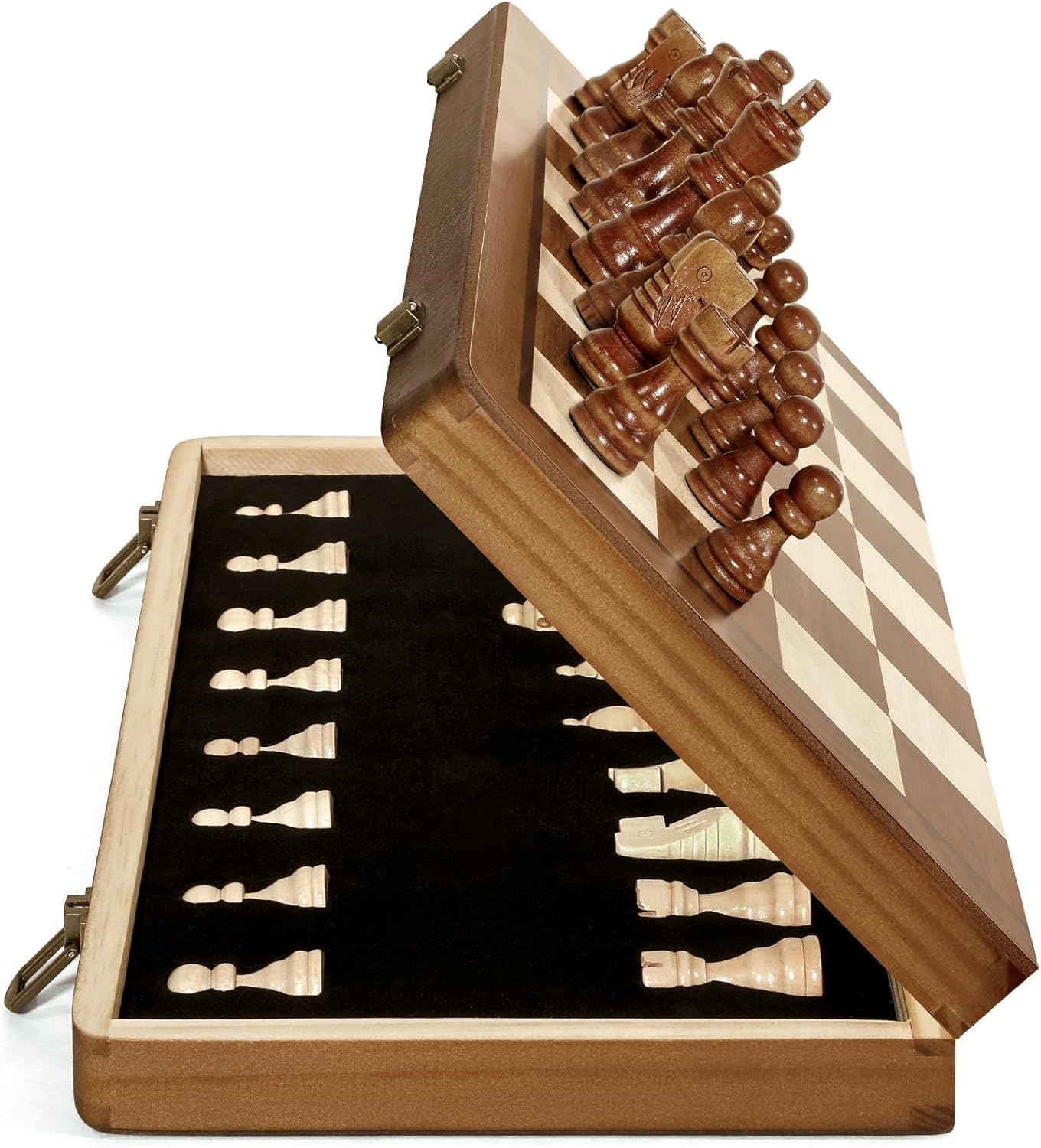 Magnetic Wooden Chess Set, 2 Extra Queens, 15'' Folding Portable Travel Chessboard with Chess Pieces Storage Slots for Professional Tournament Beginner Adults Kids, 6 up Age, DUR-001
