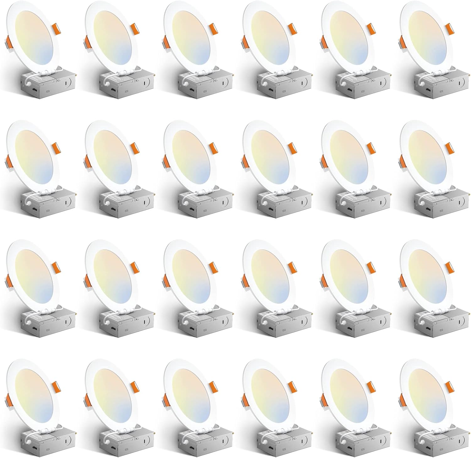 Amico 24 Pack 6 Inch 5CCT Ultra-Thin LED Recessed Ceiling Light with Junction Box, 1050LM Brightness, Dimmable Canless Wafer Downlight, 12W, ETL&FCC