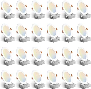 Amico 24 Pack 6 Inch 5CCT Ultra-Thin LED Recessed Ceiling Light with Junction Box, 1050LM Brightness, Dimmable Canless Wafer Downlight, 12W, ETL&FCC