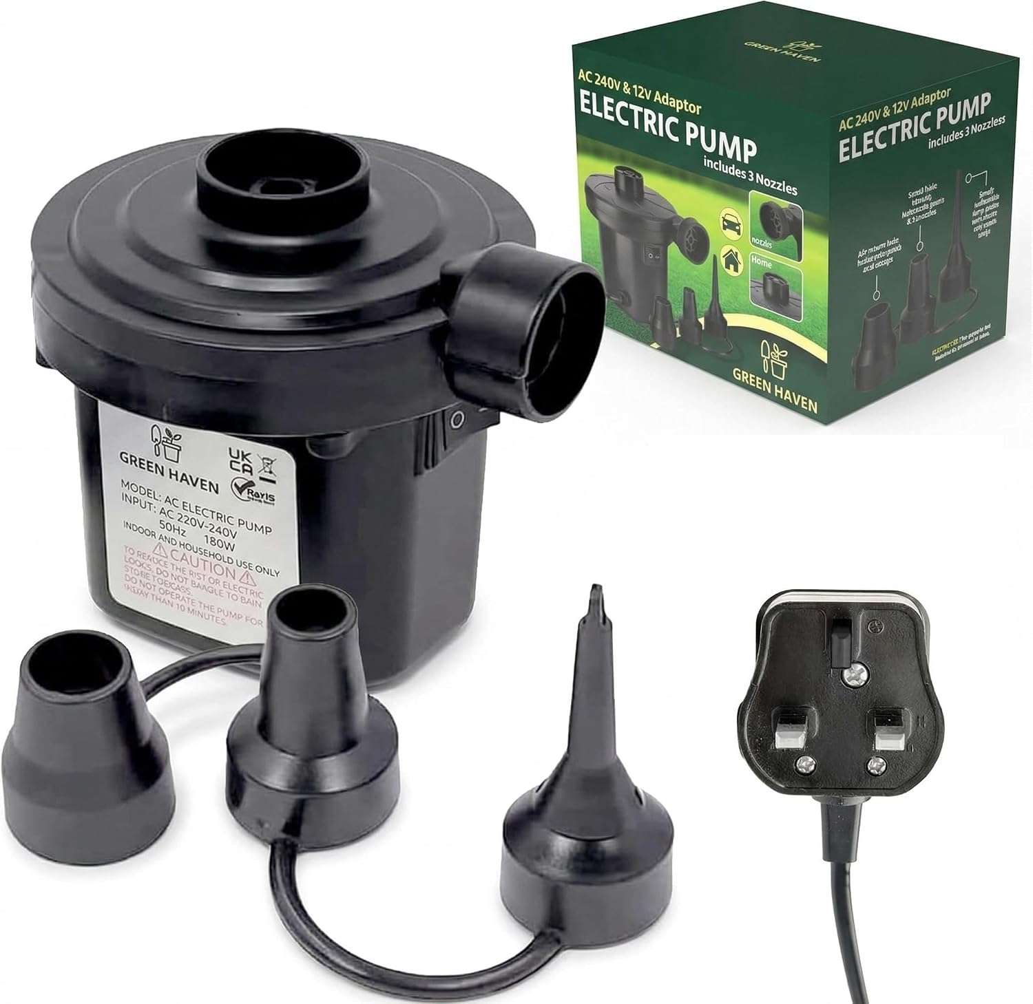 GREEN HAVEN Electric Air Pump for Inflatables โ Fast Inflate & Deflate with 3 Nozzles | AC Pump for Air Beds, Camping, Paddling Pools | 240V 150W