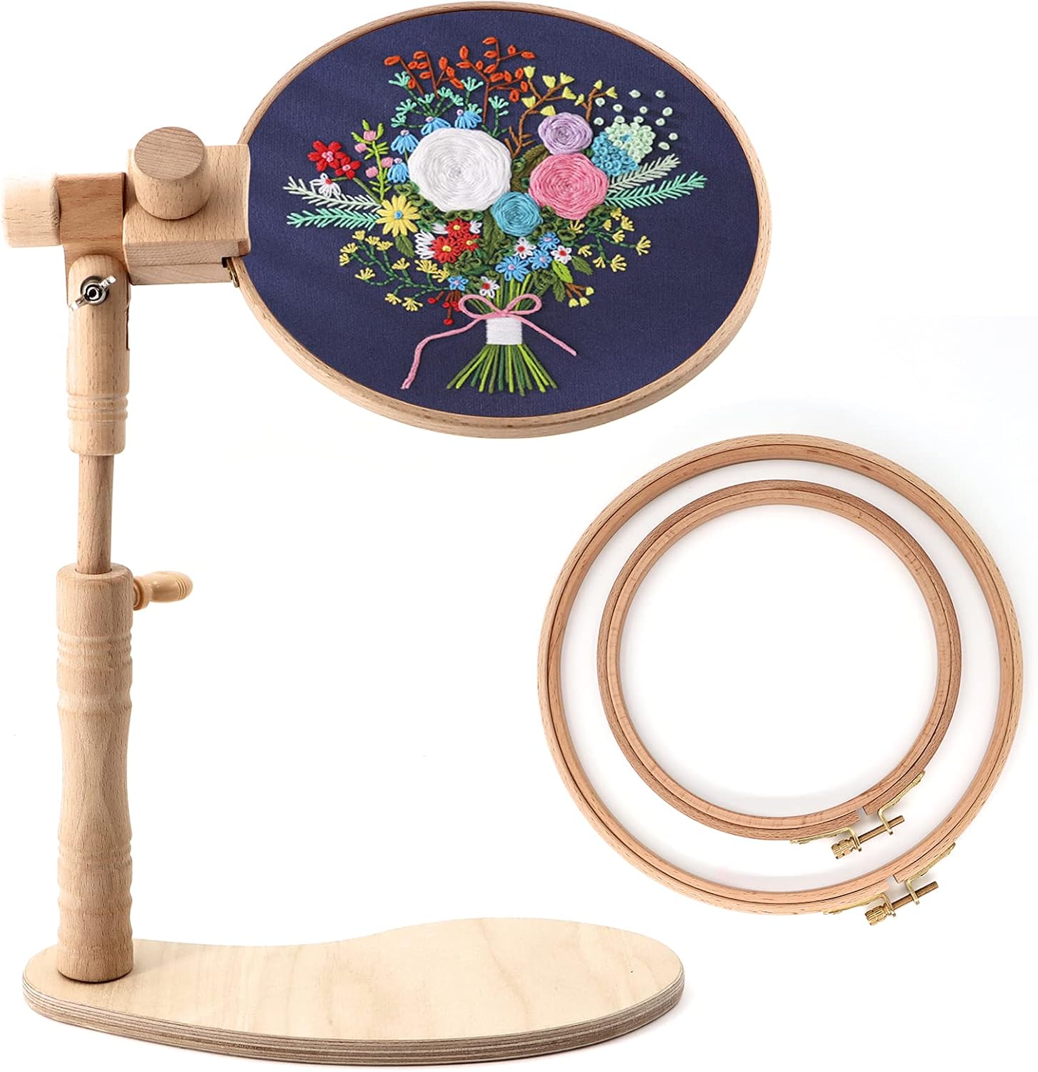 ZOCONE Beech Wood Adjustable Rotated Embroidery Hoop Stand with 2 Pcs 6'' 8'' Embroidery Hoops, Wooden Embroidery Stand, Embroidery Hoop Holder for Cross Stitch and Embroidery Project (A)