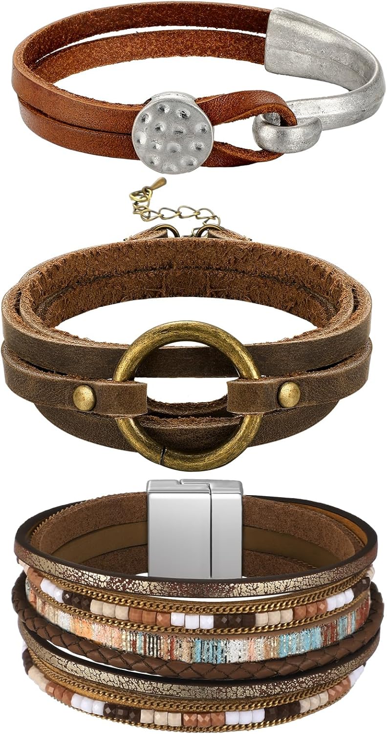 Inbagi 3 Pcs Bohemian Bracelet for Women Girls Faux Leather Cuff Bracelet Multi Layer Western Jewelry Crystal Wristbands