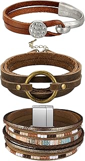 Inbagi 3 Pcs Bohemian Bracelet for Women Girls Faux Leather Cuff Bracelet Multi Layer Western Jewelry Crystal Wristbands
