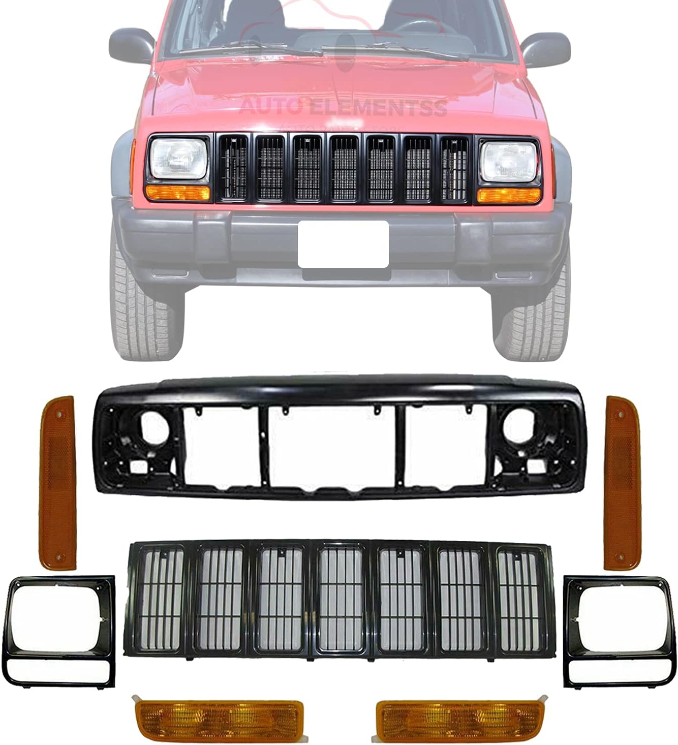 Grille Assembly Black + Header Panel + Headlight Bezel Trims + Signal & Corner Lights For 1997-2001 Jeep Cherokee Direct Replacement