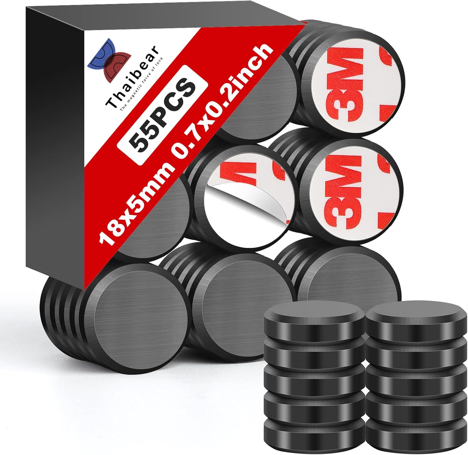 Thaibear 55 Pack Ceramic Craft Magnets - 18 mm x 5 mm - Round Disc with 3M Adhesive Backing, Strong, Black