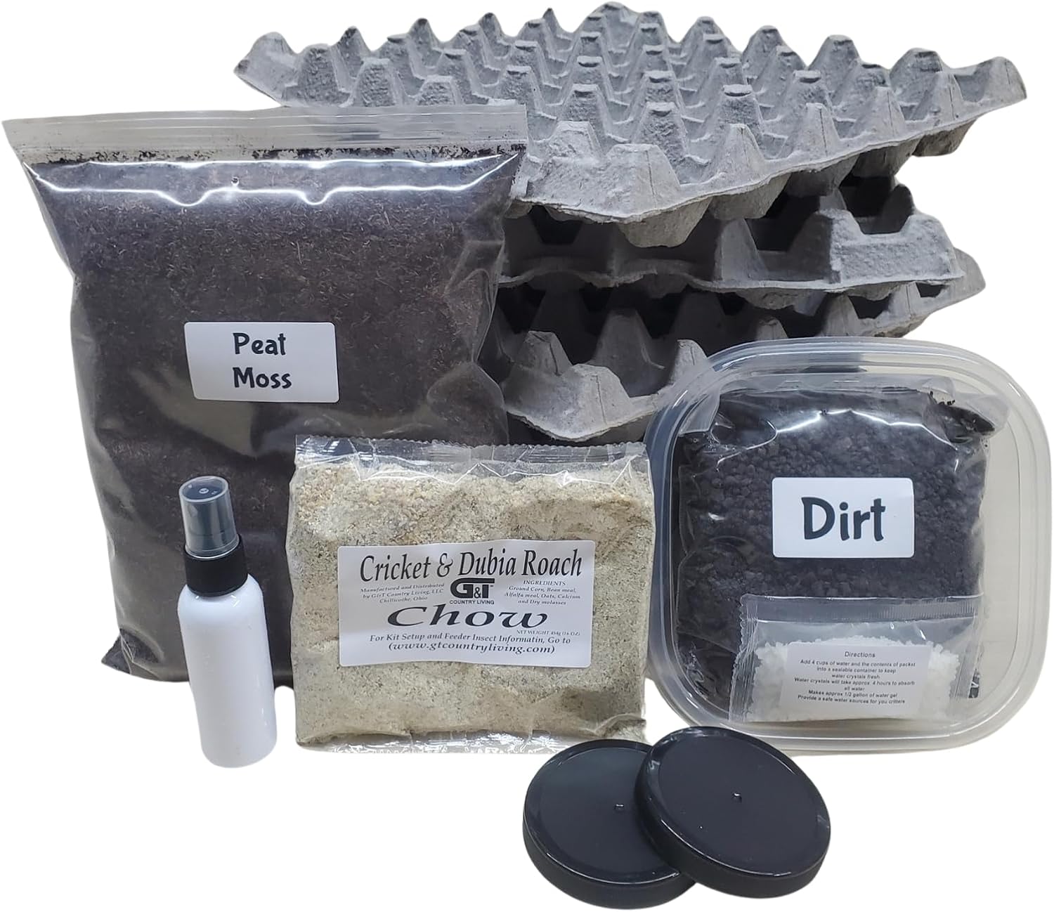 Cricket Colony Starter Kit for Feeder Crickets – 5 Egg Flats, Peat Moss, Top Soil, Sample of Feed/Food, 1 Packet of Water Crystals, Spray Bottle, Container, and 2 Lids (Cricket Starter Kit)