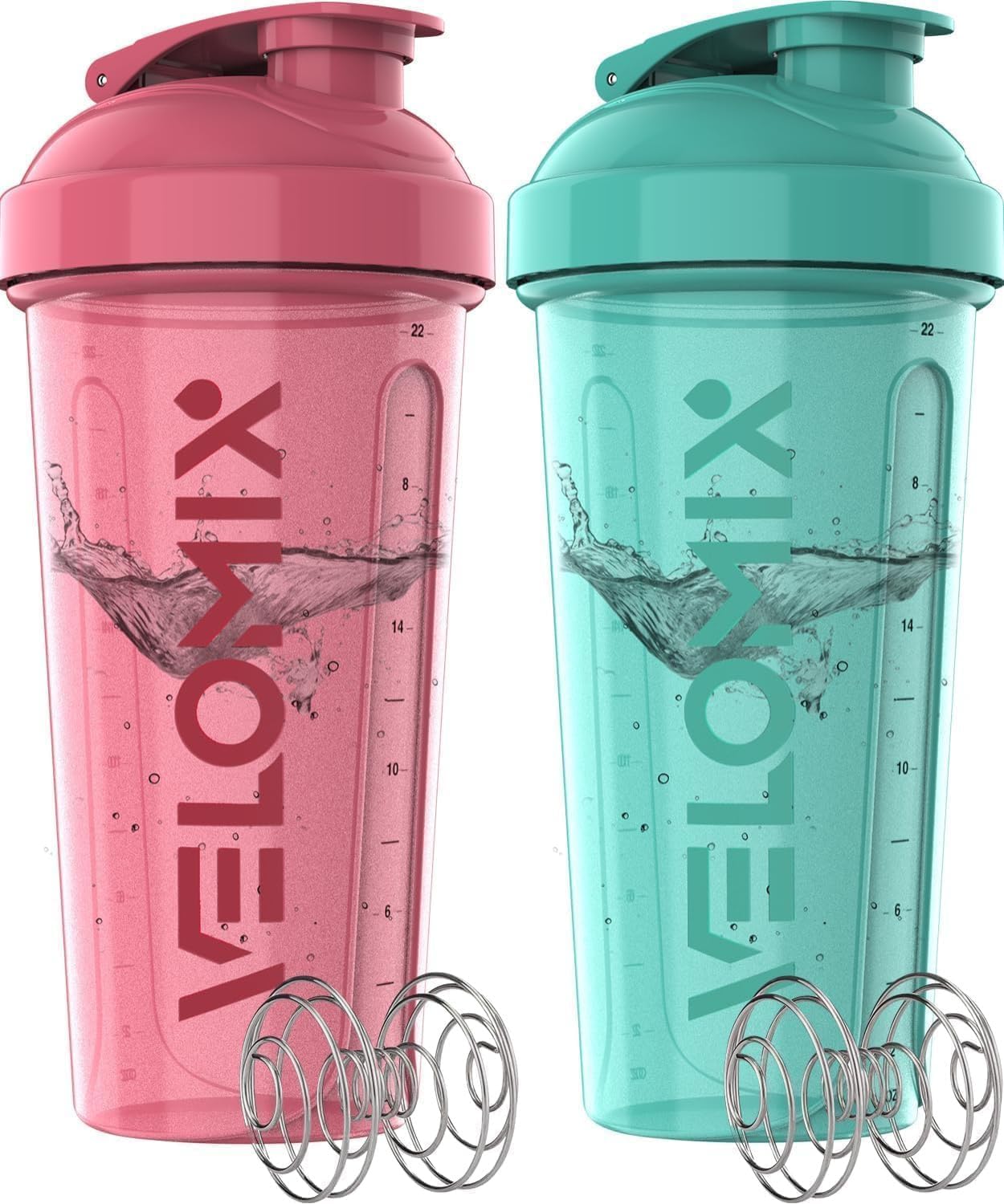 -2 Pack- 28 oz Protein Shaker Bottles for Protein Mixes - 2x Wire Whisk | Leak Proof Shaker Cups for Protein Shakes | Protein Shaker Bottle Pack (Pink/Turquoise)