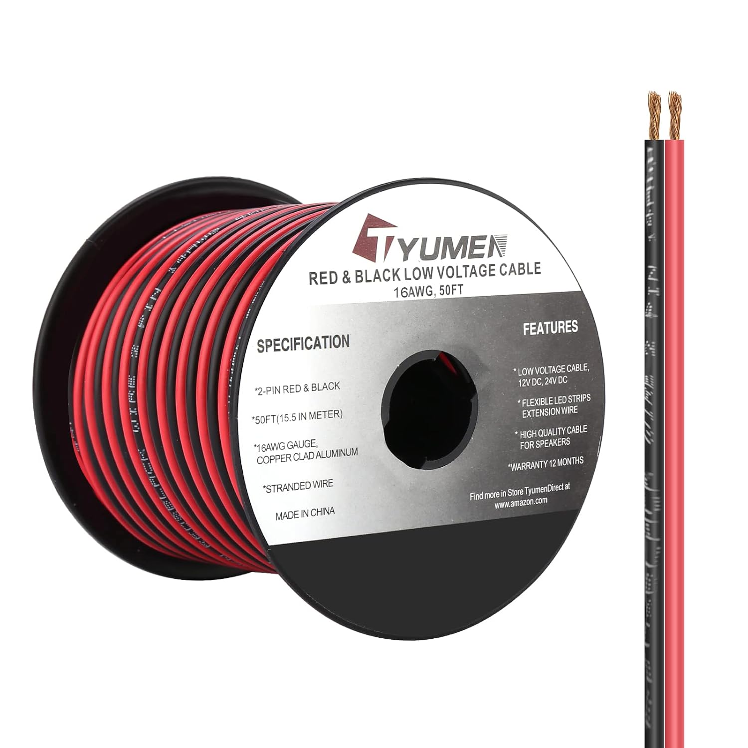 50FT 16/2 Gauge Red Black Cable Hookup Electrical Wire LED Strips Extension Wire 12V/24V DC Cable, 16AWG Flexible Wire Extension Cord for LED Ribbon Lamp Tape Lighting