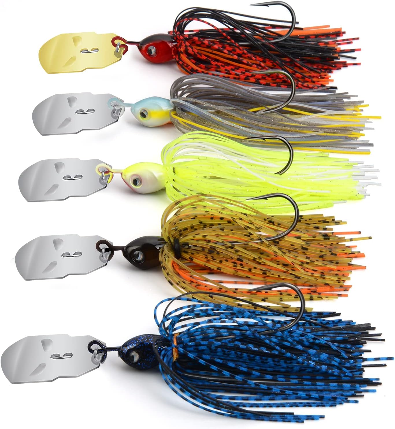 MadBite Bladed Jig Fishing Lures, 5 pc Multi-Color Kits, Irresistible Vibrating Action, Sticky-Sharp Heavy-Wire Needle Point Hooks, Popular 1/2 oz Sizes, Includes Storage Box