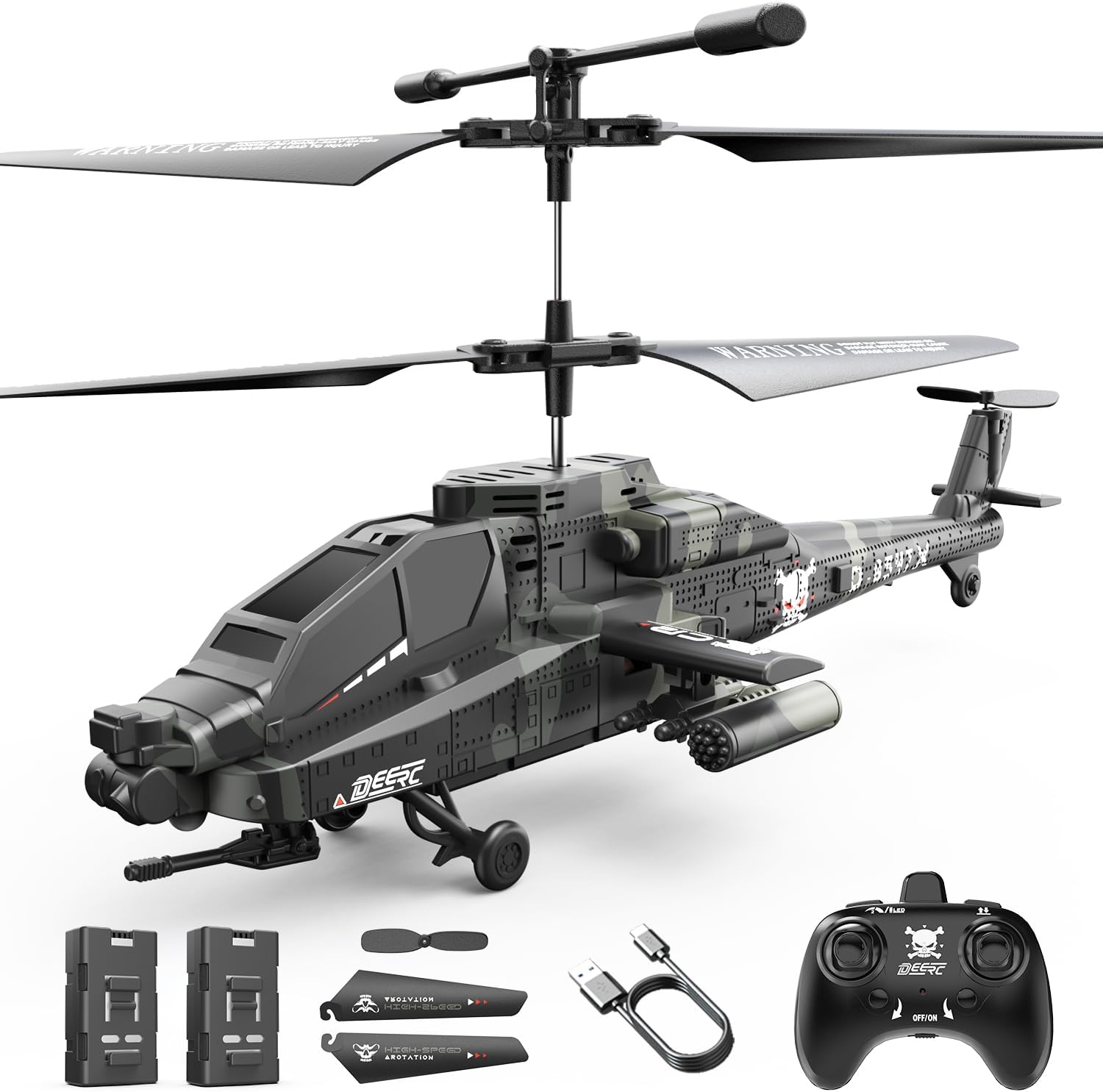 DEERC Apache RC Helicopter for Kids & Adults, Military Remote Control Helicopter Toy with LED Lights, 2 Batteries & USB-C Charging, 26 Mins Flight, Altitude Hold, Gift for Boys Ages 8-12