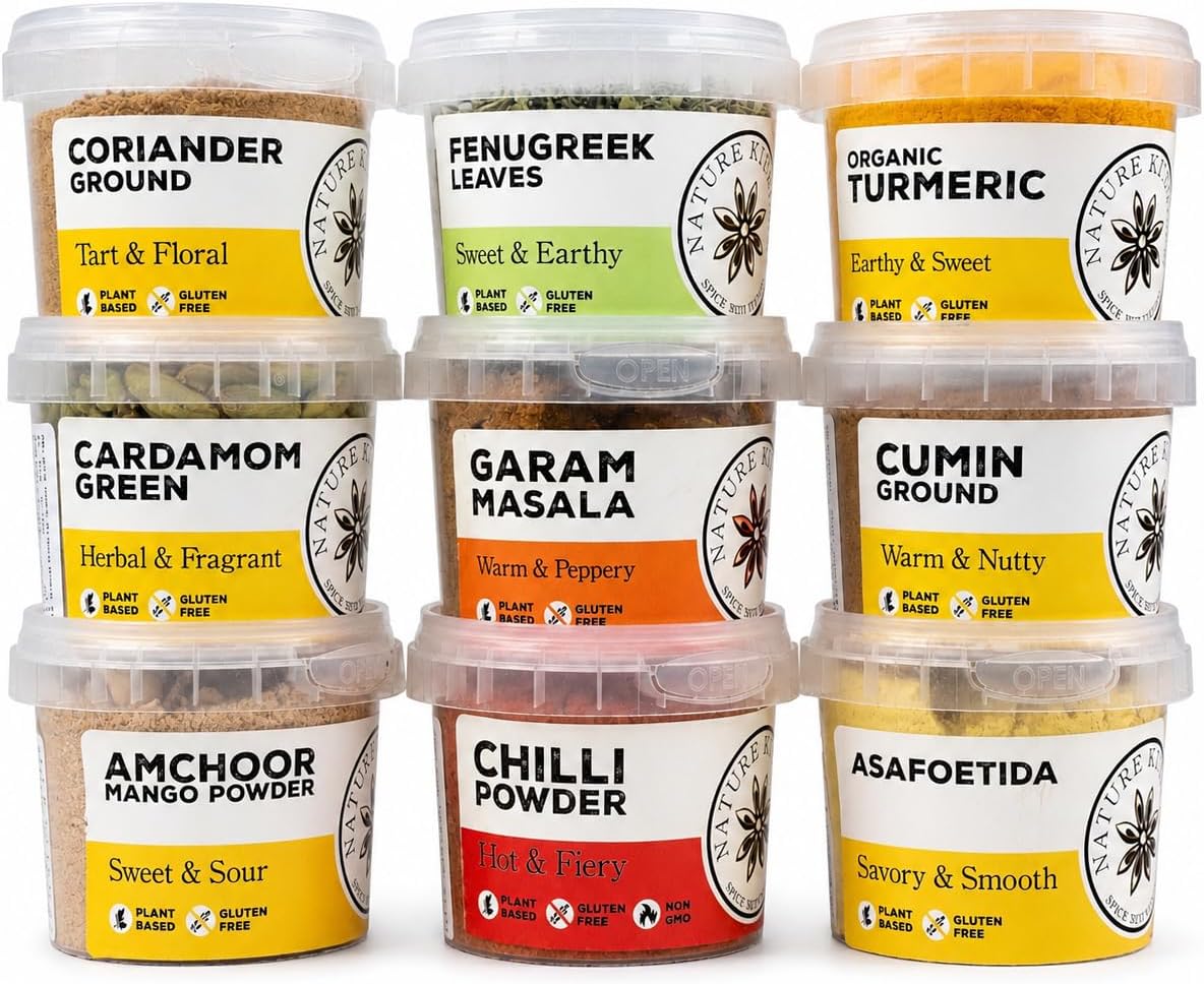 Nature Kitchen 9 Essential Indian Spices Set Curry Seasoning Collection, Gluten Free, Vegan Friendly, Cumin, Turmeric, Amchoor, Fenugreek, Cardamom, Garam Masala for Everyday Cooking