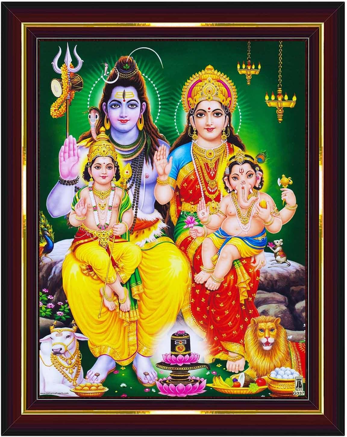 Pavan Photo Laminations Shiv Parivar Family Siva Parvati Lord Shiva Wall Painting Framed Home Decor (Wood,Matte,Brown,Small Size,6 x 8 Inch) B145S