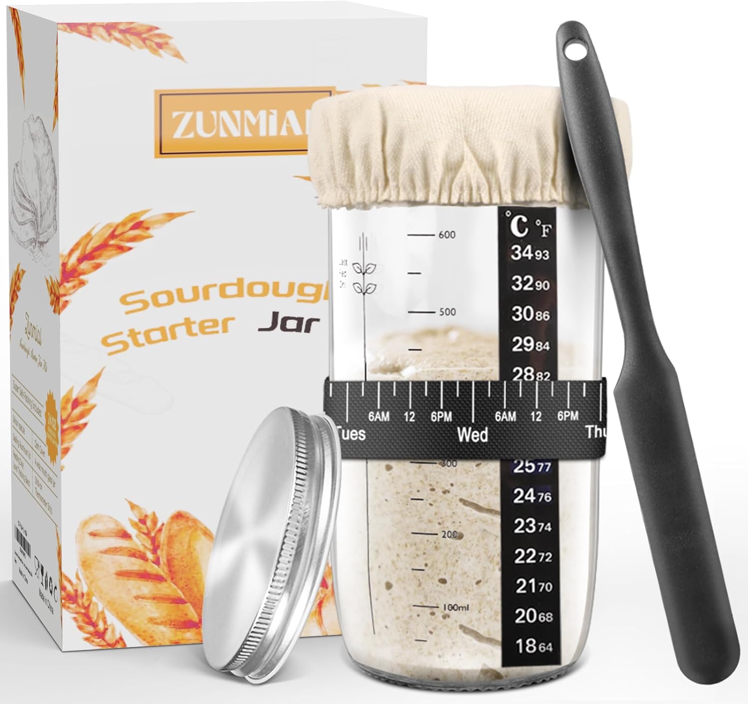zunmial Sourdough Starter Jar 680ml, Glass Sourdough Starter Kit with Date Feeding Band, Thermometer, Cloth Cover & Metal Lid, Reusable Sourdough Bread Baking Supplies, Home Baking Supplies